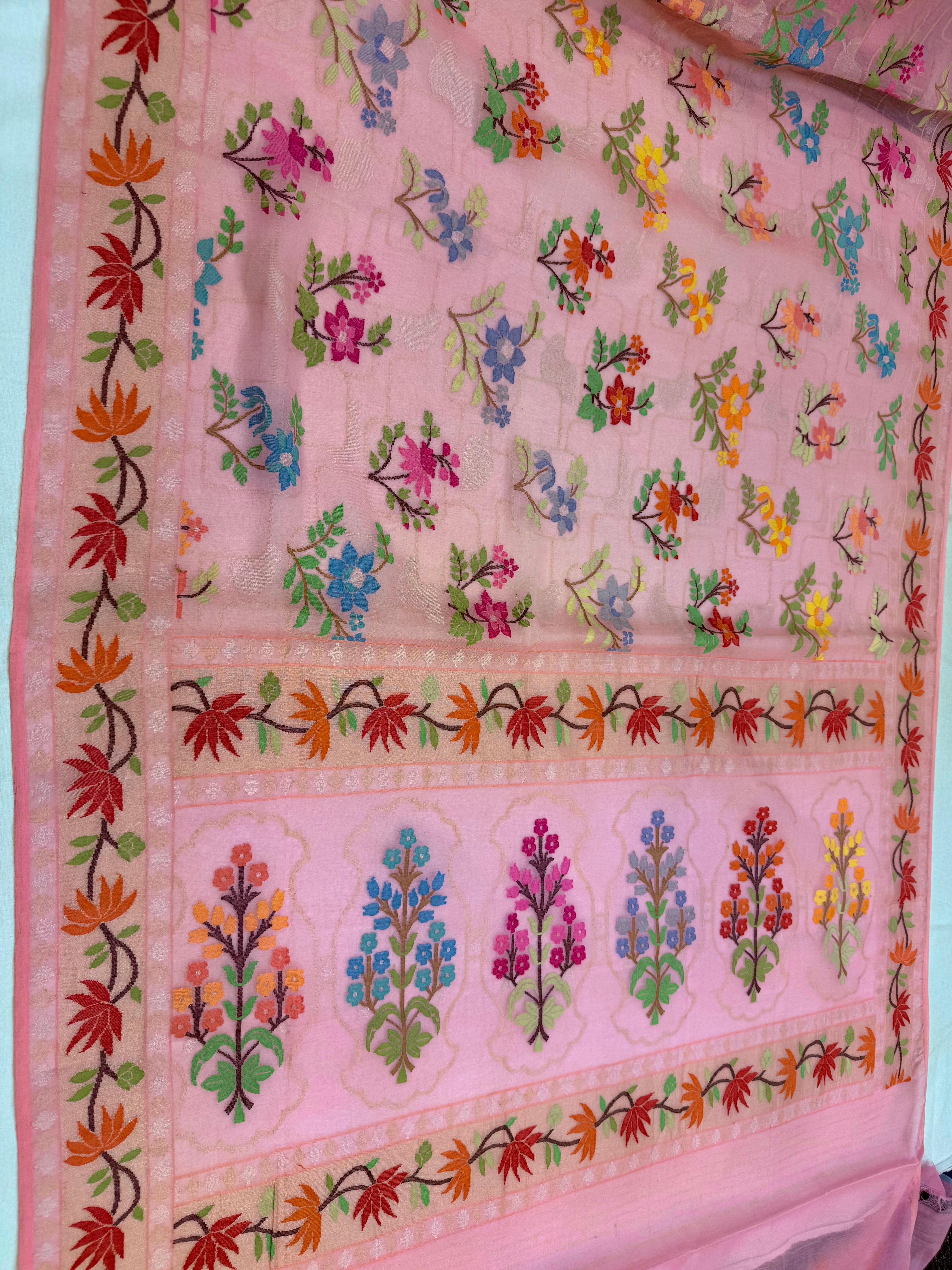 Pinkish Pink   Pure Real Zari Cotton Jamdani Saree with Floral Weaving