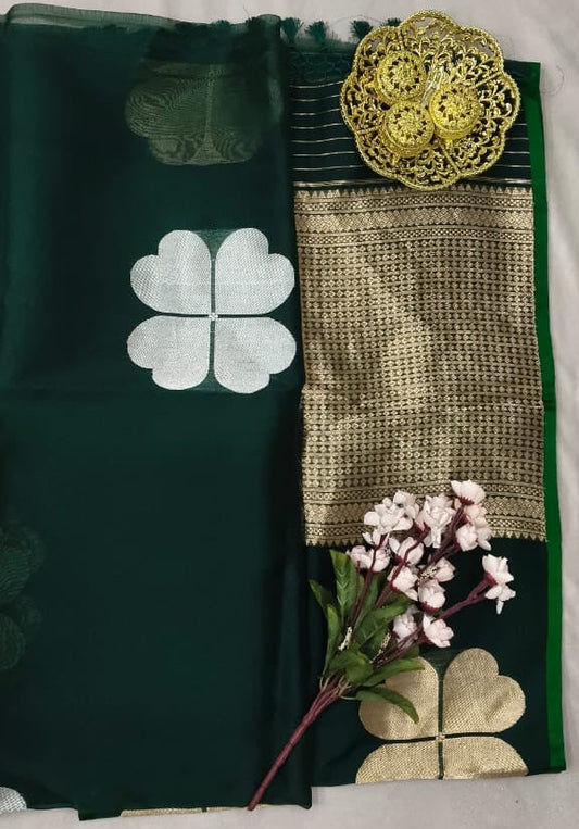 Bottal Green Kora Silk Kadhua Polka Dot Boota with Sona Rupa zari
