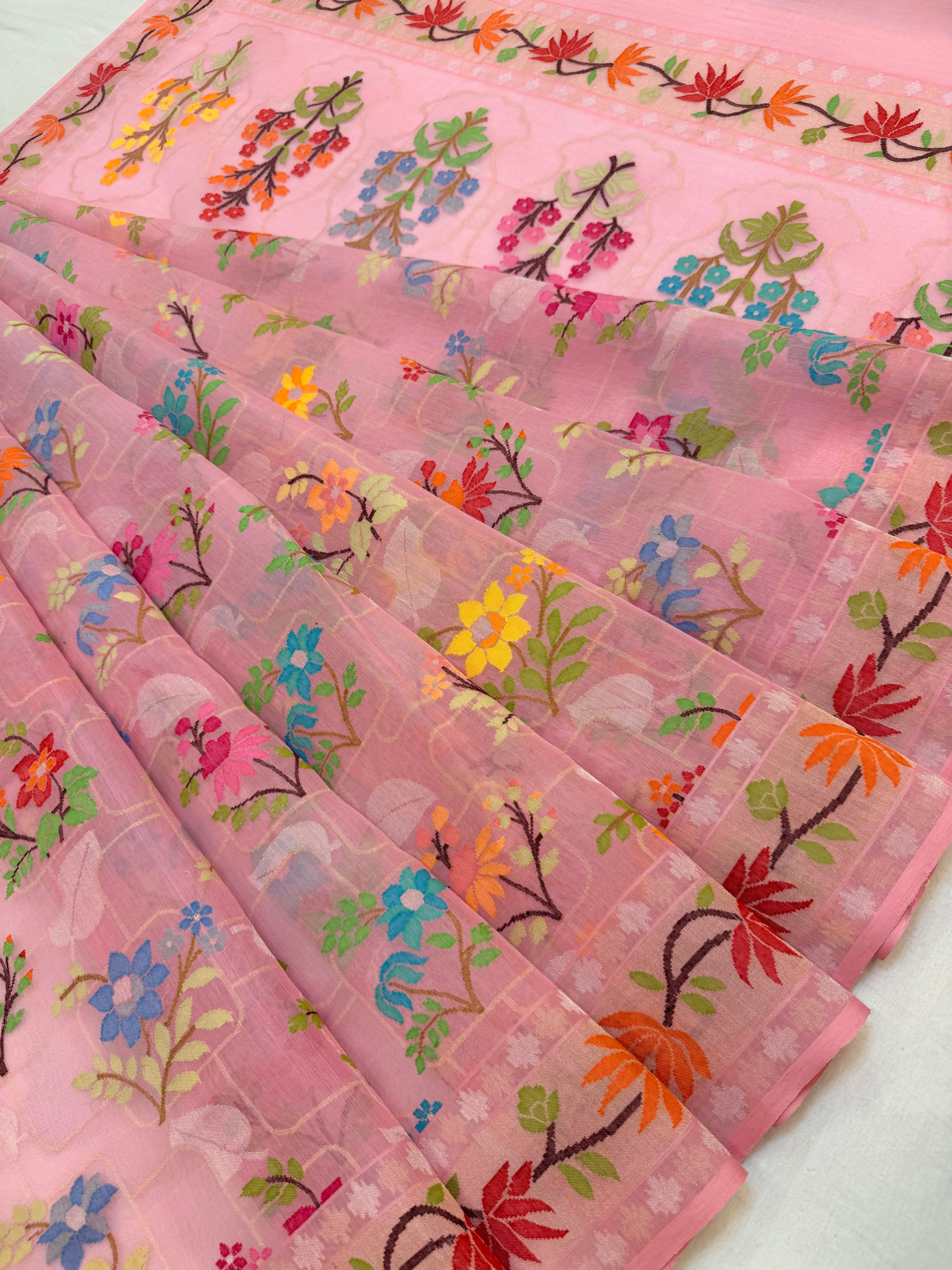 Pinkish Pink   Pure Real Zari Cotton Jamdani Saree with Floral Weaving