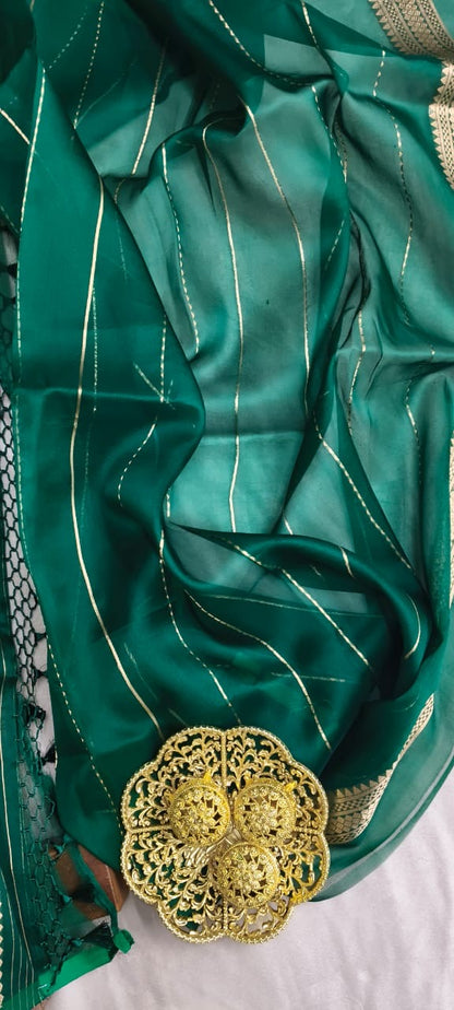 Bottal Green Kora Silk Kadhua Polka Peshwari strip with Sona Rupa zari