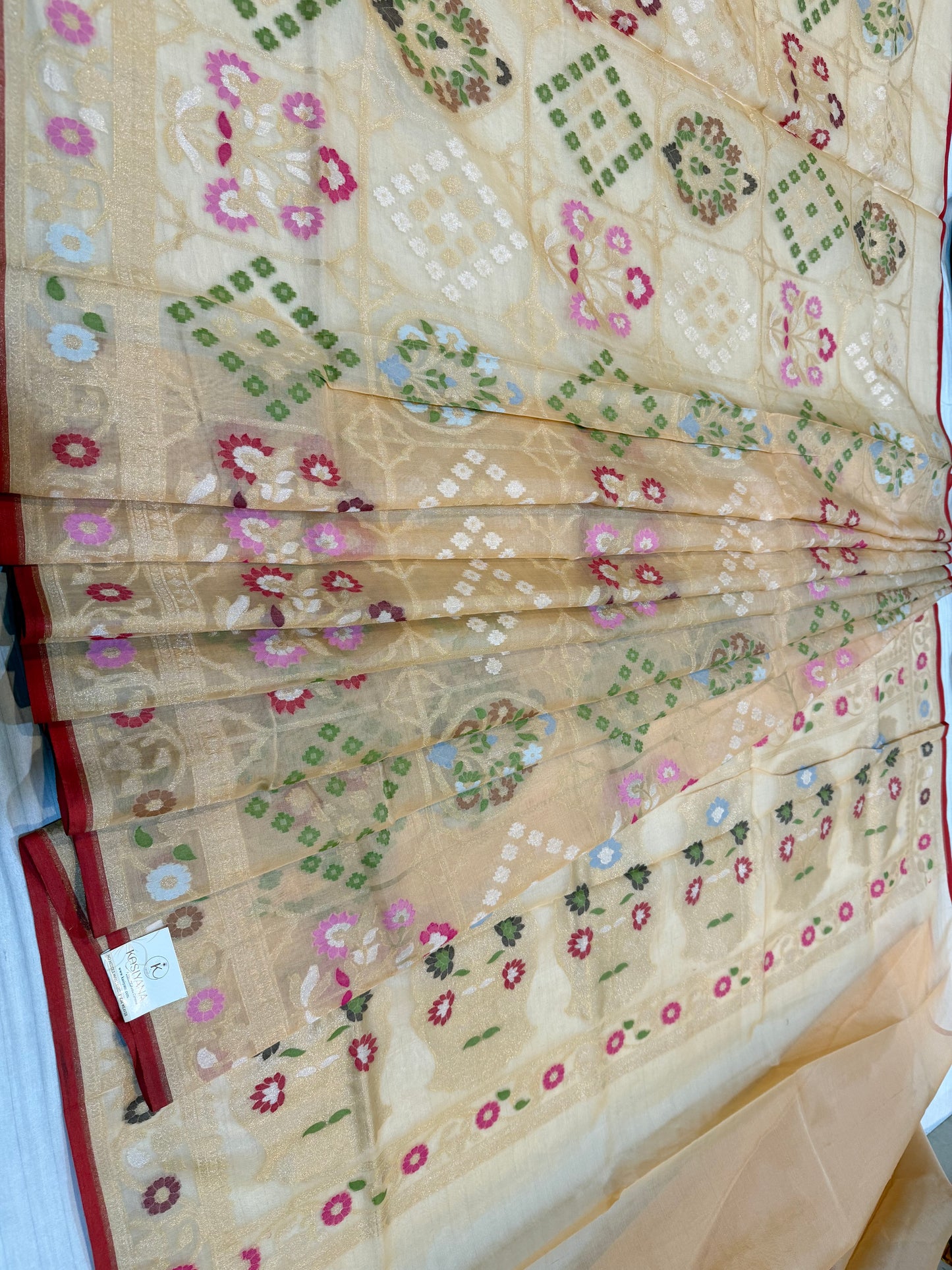 Beige Ektra kora silk Jamdani katwork Zari Border Anchal Mina Work Saree