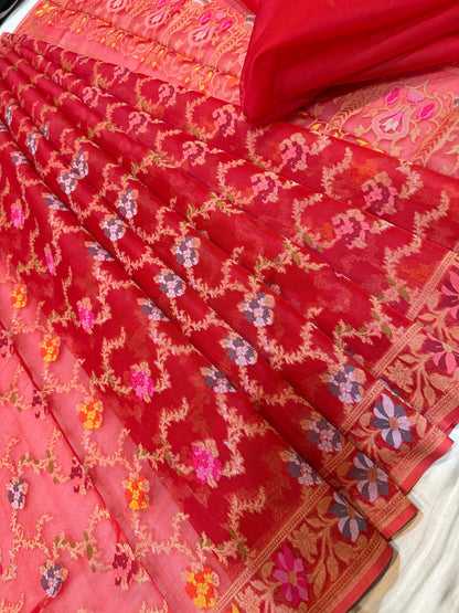 Red Ektra kora silk Jamdani katwork Zari Border Anchal Mina Work Saree