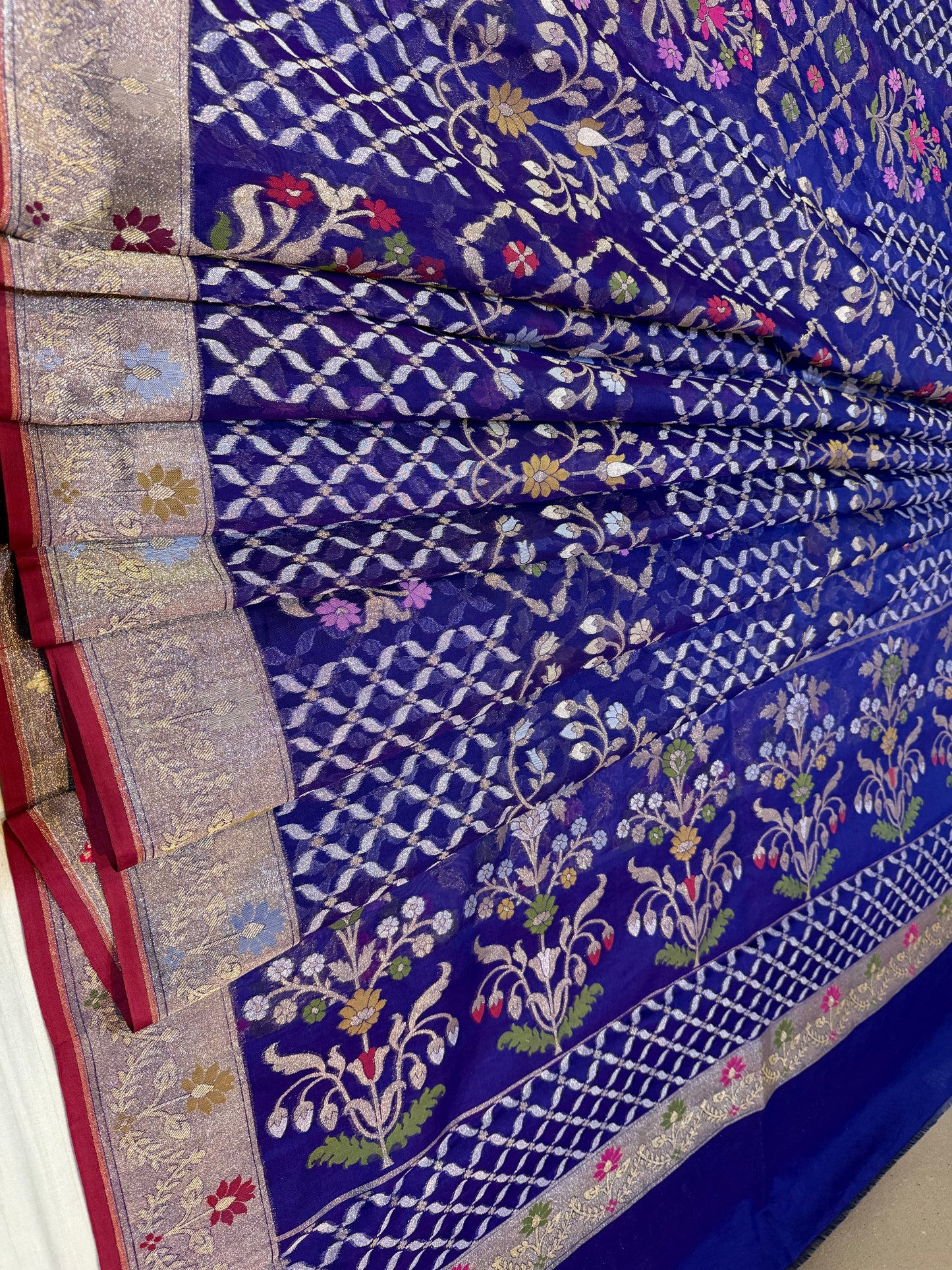 Navy Blue Ektra kora silk Jamdani katwork Zari Border Anchal Mina Work Saree