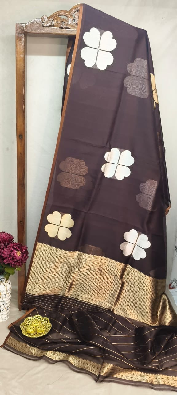 Coffee Brown Kora Silk Kadhua Polka Dot Boota with Sona Rupa zari saree
