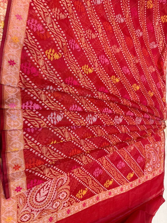Red Ektra kora silk Jamdani katwork Zari Border Anchal Mina Work Saree