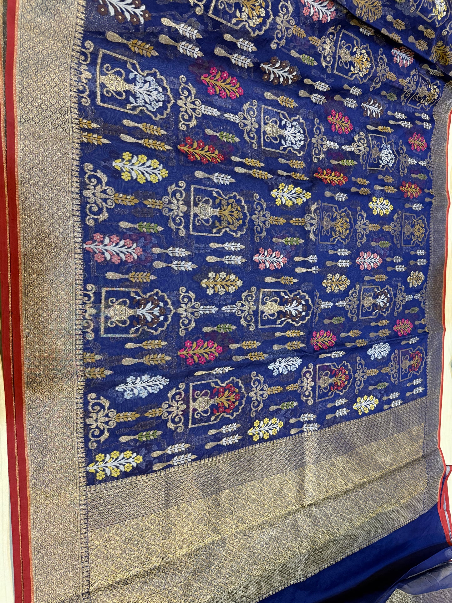Blue Ektra kora silk Jamdani katwork Zari Border Anchal Mina Work Saree
