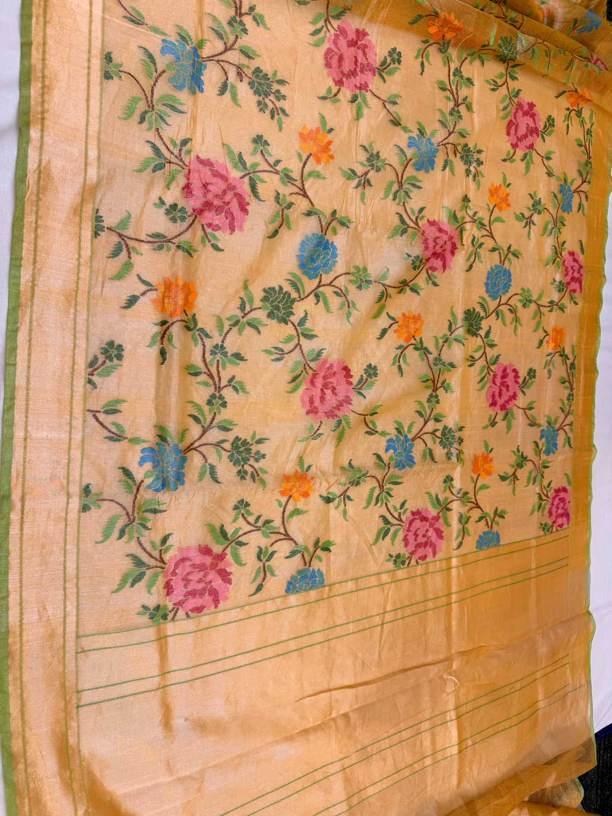 Pure Real Zari Tissue Jamdani Saree – Handwoven Luxury Floral Design with Rich Gold