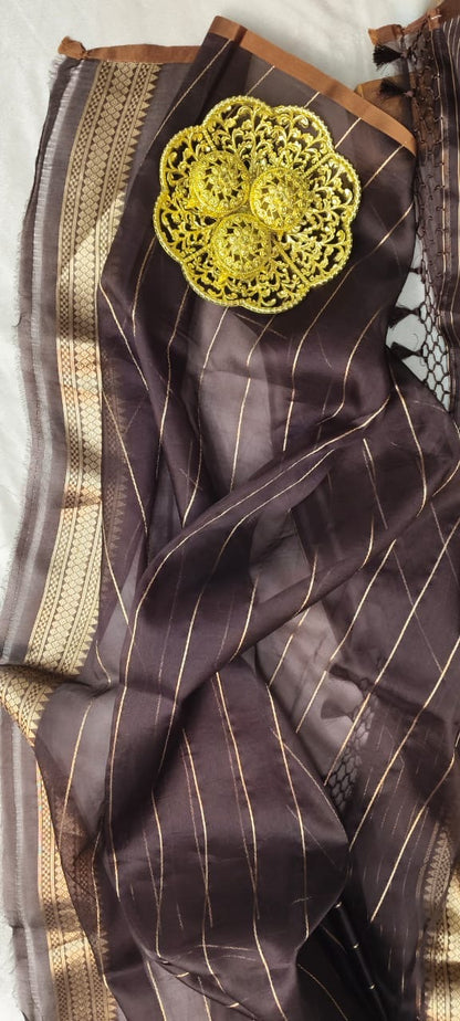 Coffee Brown Kora Silk Kadhua Polka Dot Boota with Sona Rupa zari saree