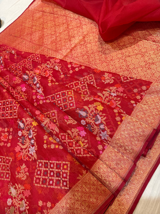 Red Ektra kora silk Jamdani katwork Zari Border Anchal Mina Work Saree