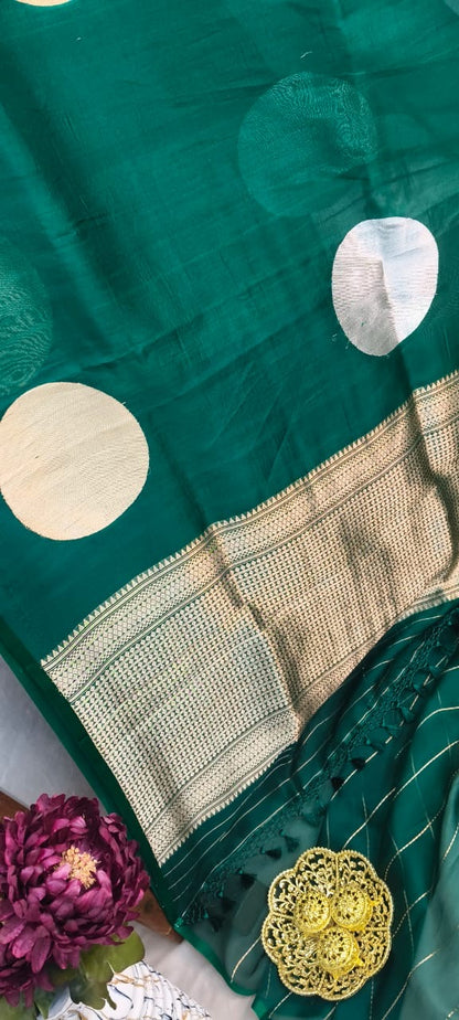 Bottal Green Kora Silk Kadhua Polka Dot Boota with Sona Rupa zari