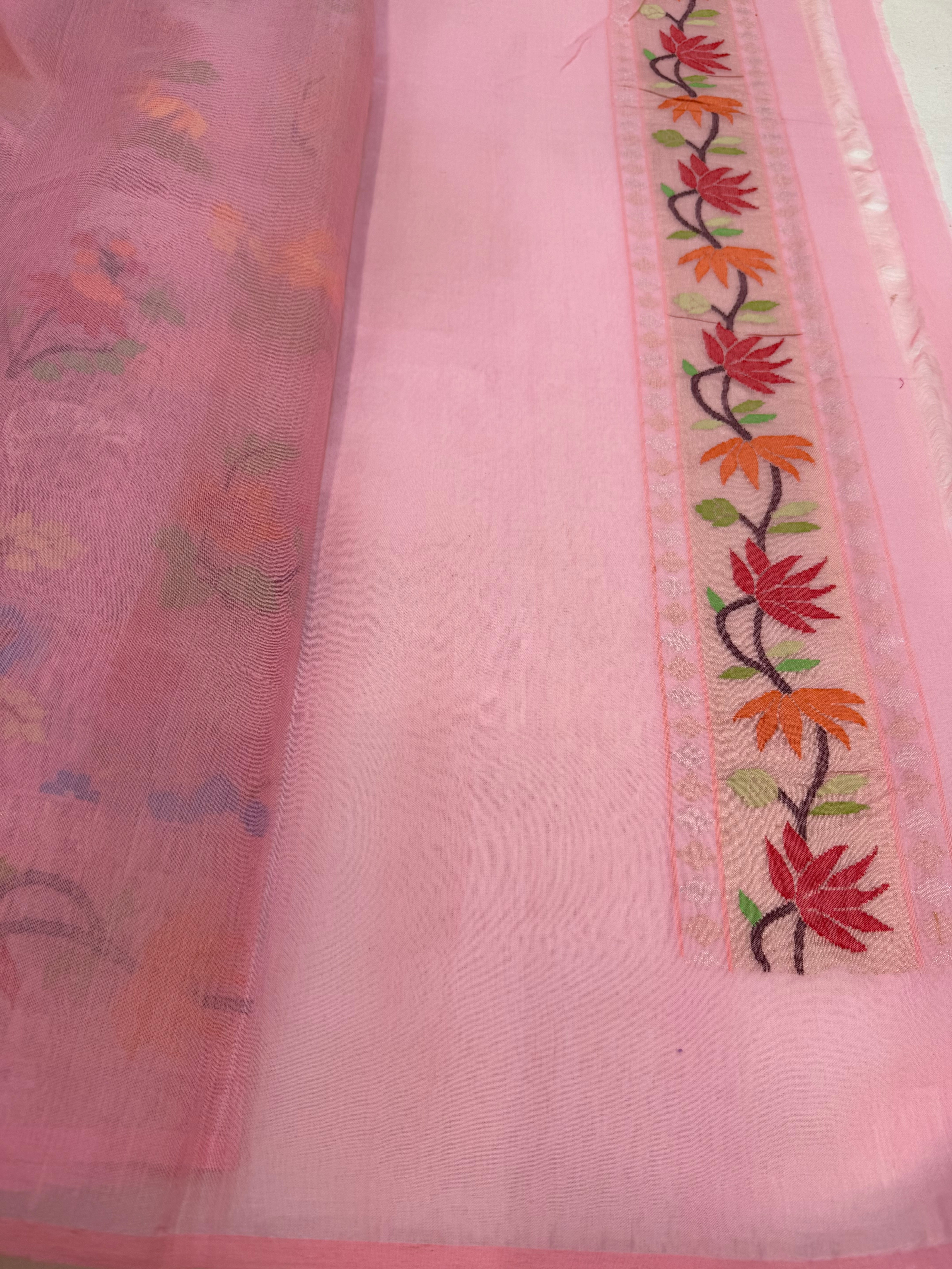 Pinkish Pink   Pure Real Zari Cotton Jamdani Saree with Floral Weaving