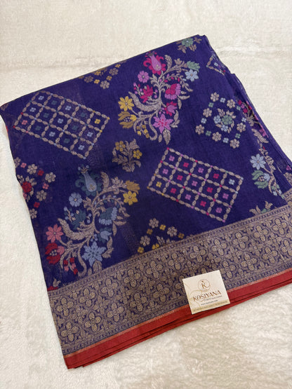 Royal Blue Jamdani Kutwork Zari Border Anchal Mina Work Saree