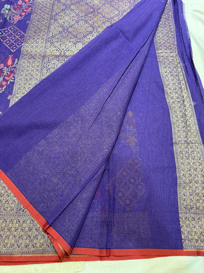 Royal Blue Jamdani Kutwork Zari Border Anchal Mina Work Saree
