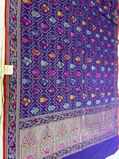 Royal Blue Jamdani Kutwork Banarasi Zari Mina Border Jaal Mina Saree