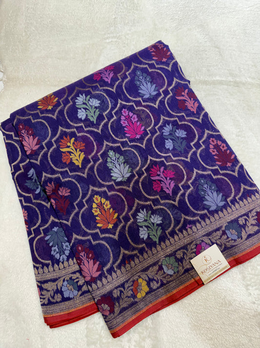 Royal Blue Jamdani Kutwork Banarasi Zari Mina Border Jaal Mina Saree