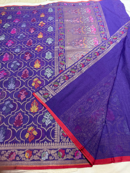 Royal Blue Jamdani Kutwork Banarasi Zari Mina Border Jaal Mina Saree