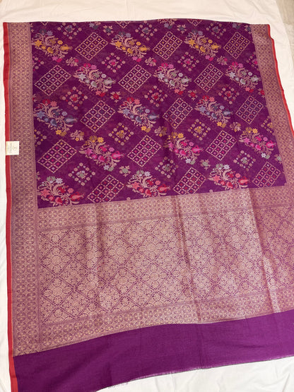 Purple Jamdani Kutwork Zari Border Anchal Mina Work Saree