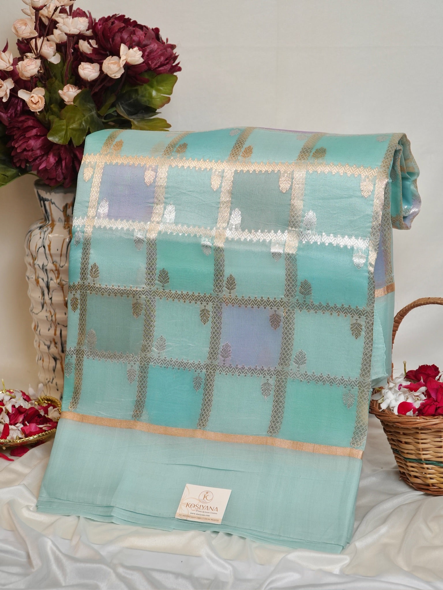 Sea Blue Handwoven Rangkaat Kora Silk Saree