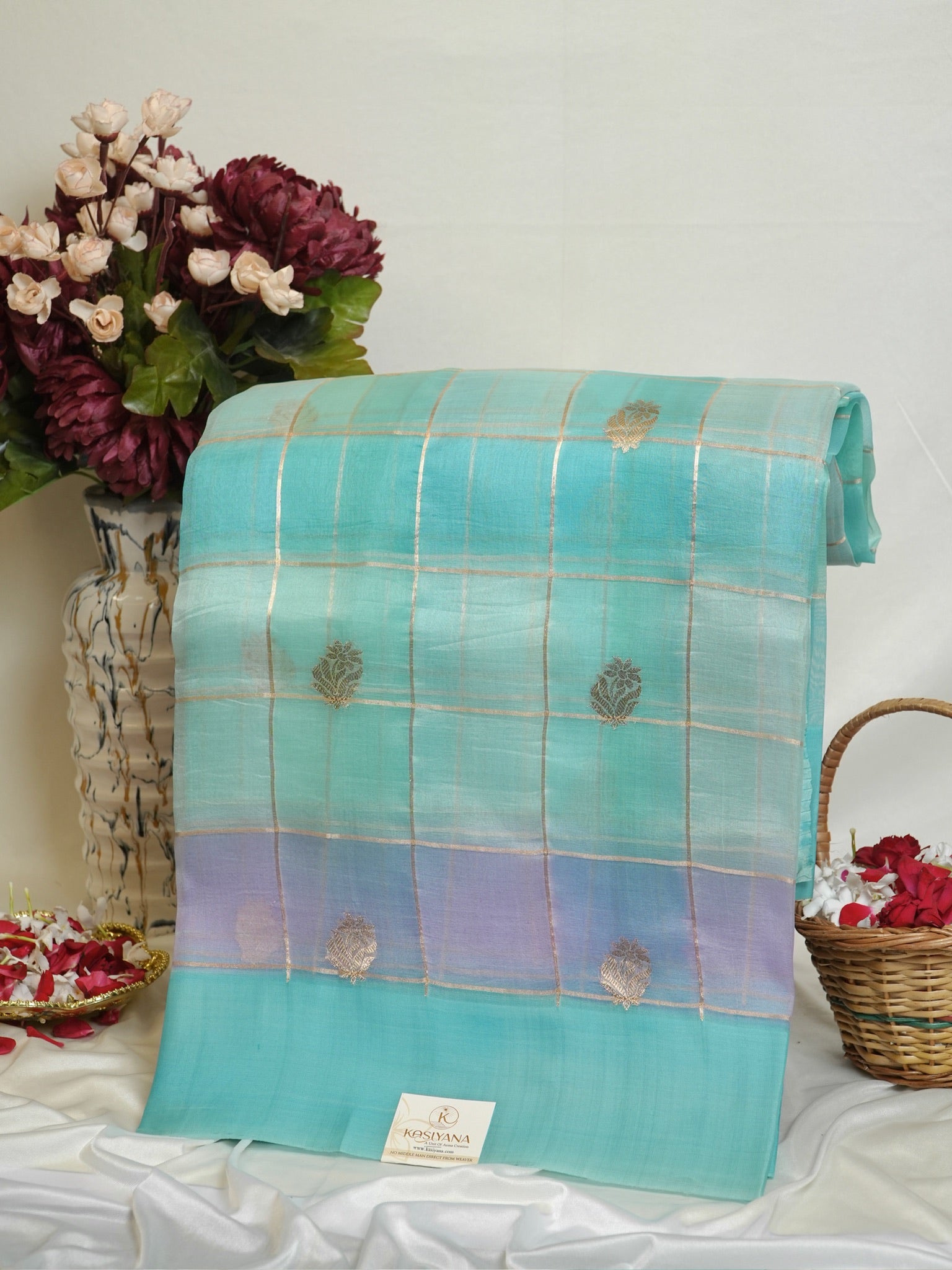 Sea Blue Handwoven Rangkaat Kora Silk Saree