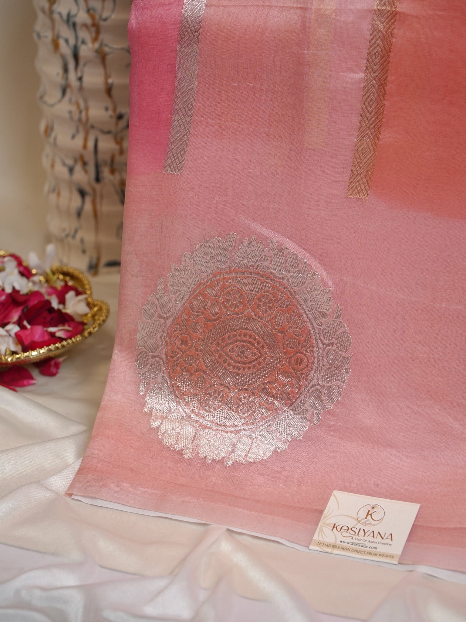 Peach Handwoven Rangkaat Kora Silk Saree