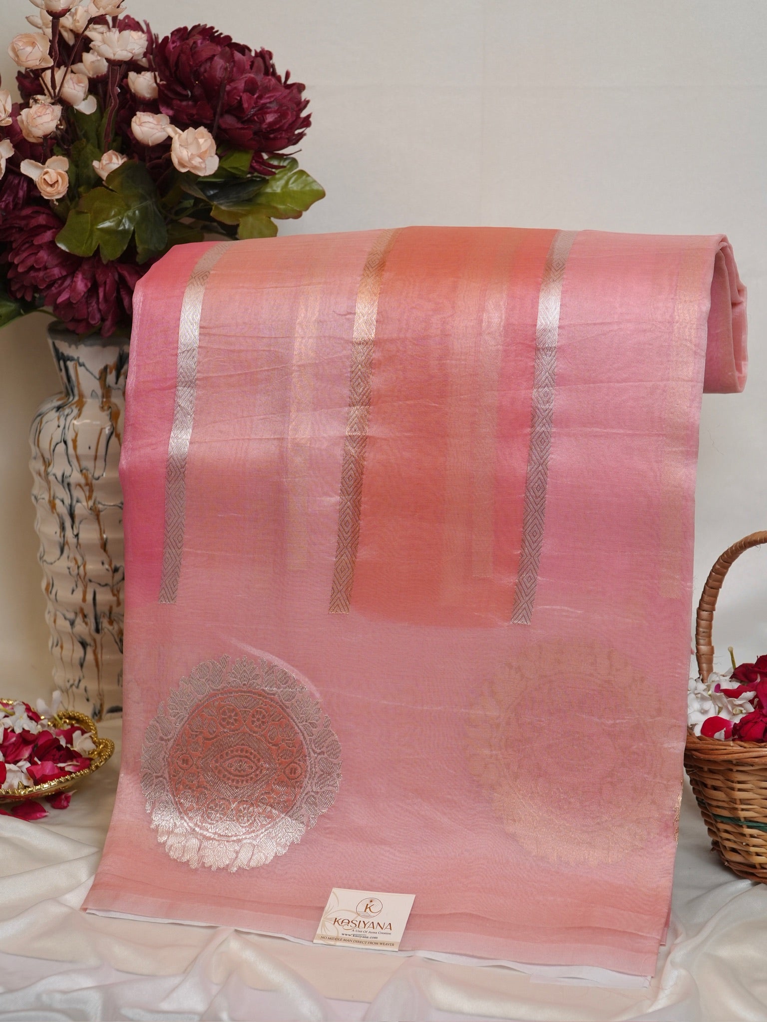 Peach Handwoven Rangkaat Kora Silk Saree