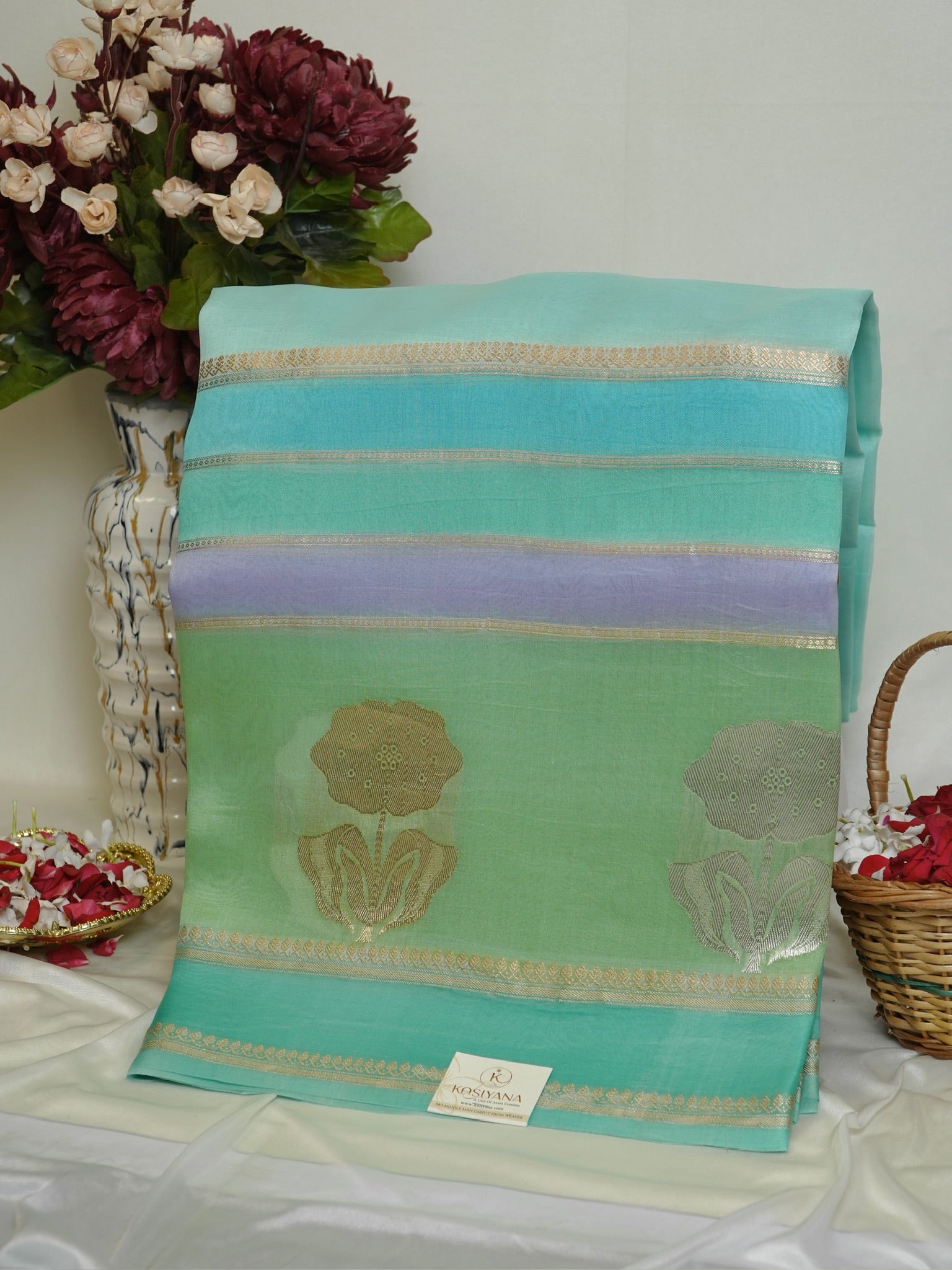Sea Blue Handwoven Rangkaat Kora Silk Saree