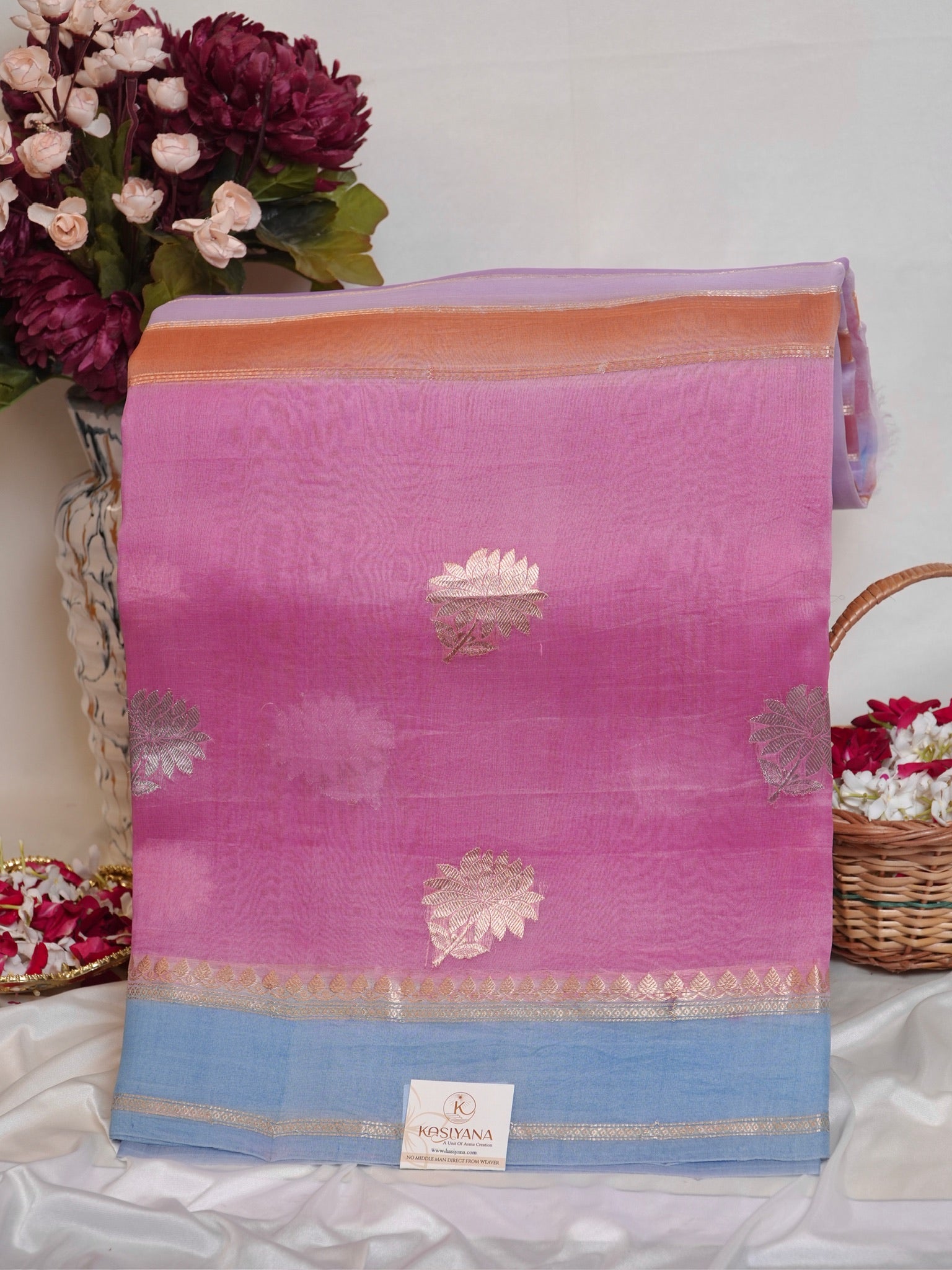 Pink Handwoven Rangkaat Kora Silk Saree