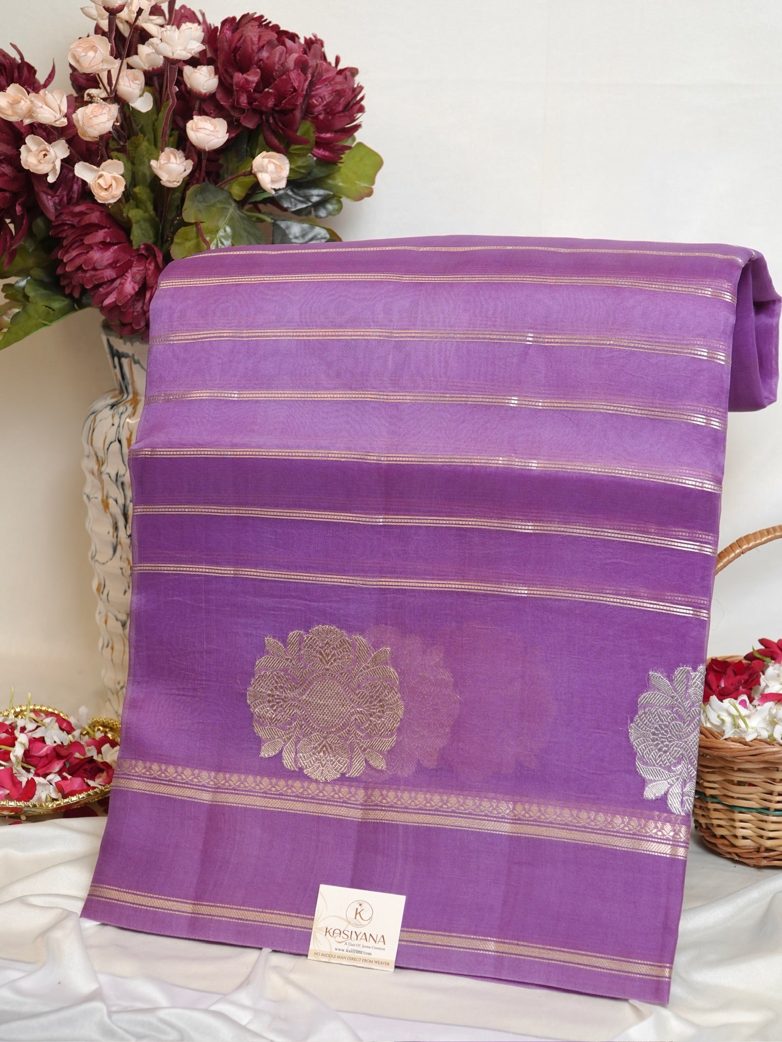 Lavender Handwoven Kora Silk Saree