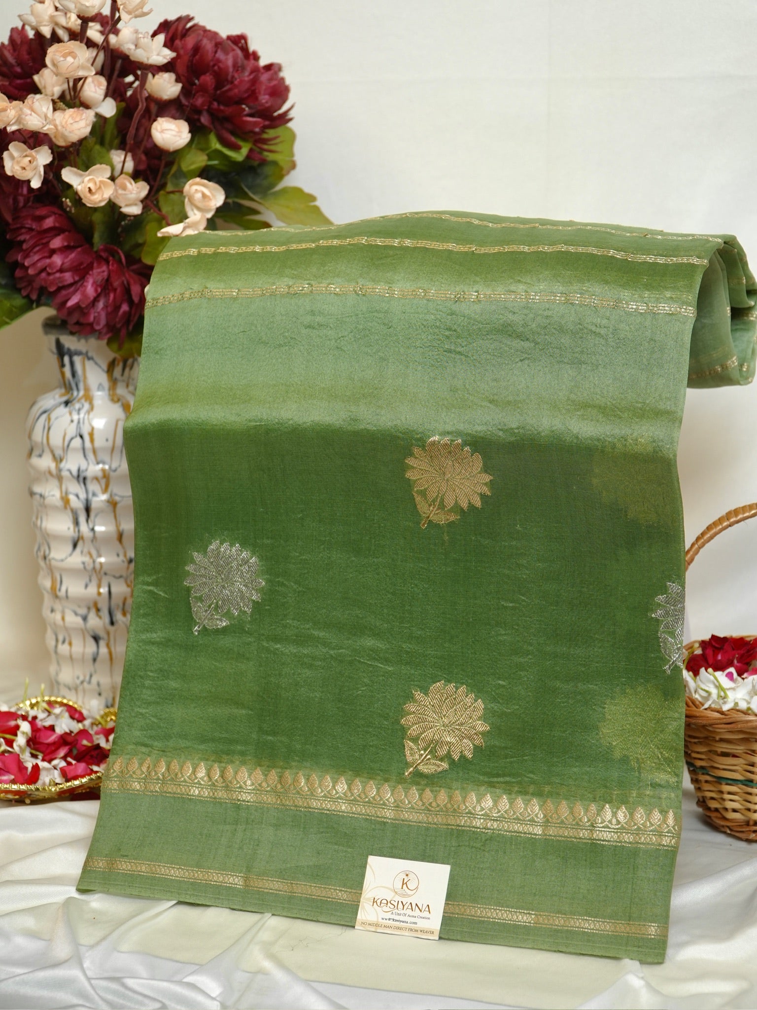 Leaf Green Handwoven Kora Silk Saree