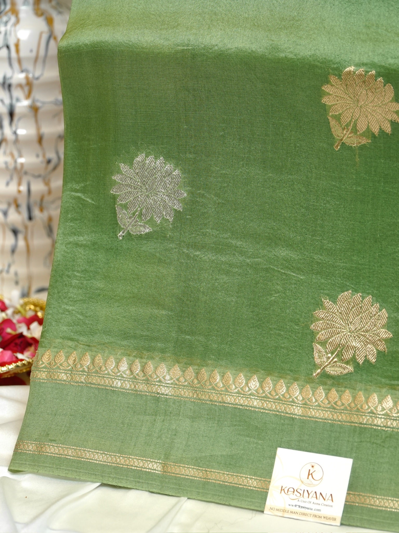 Leaf Green Handwoven Kora Silk Saree