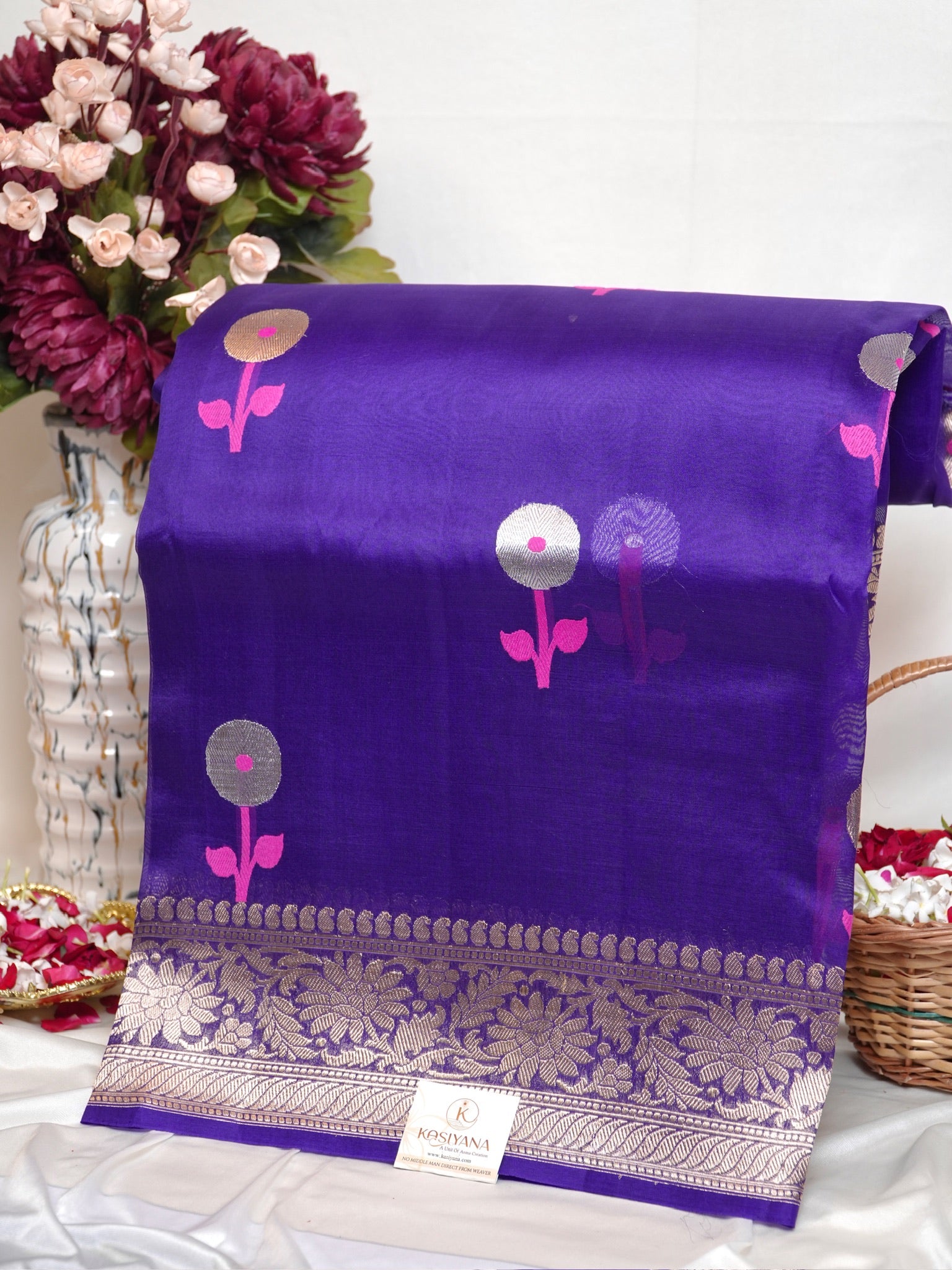 Regal Purple Handwoven Kora Silk Saree