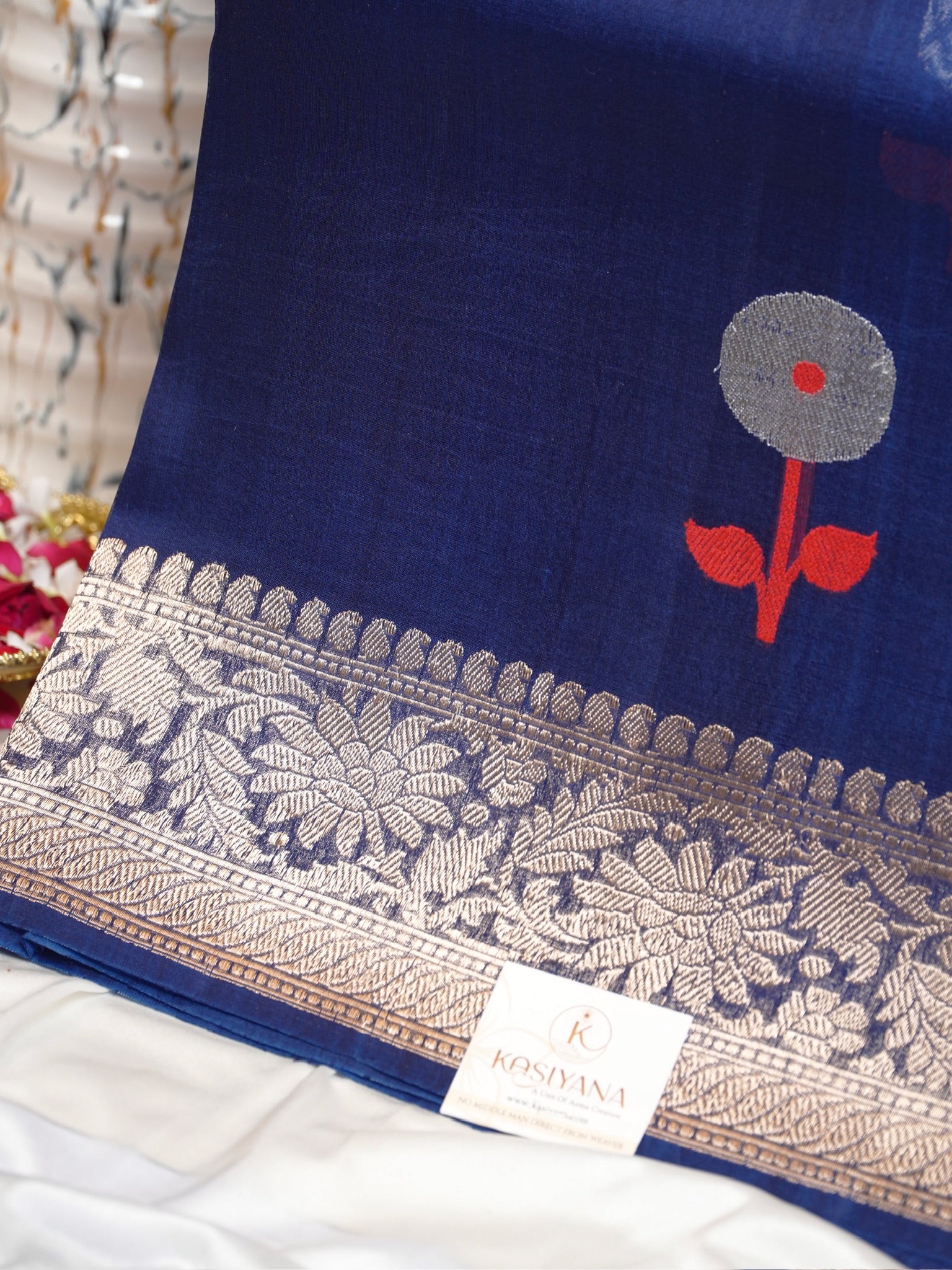 Ink Blue Handwoven Kora Silk Saree