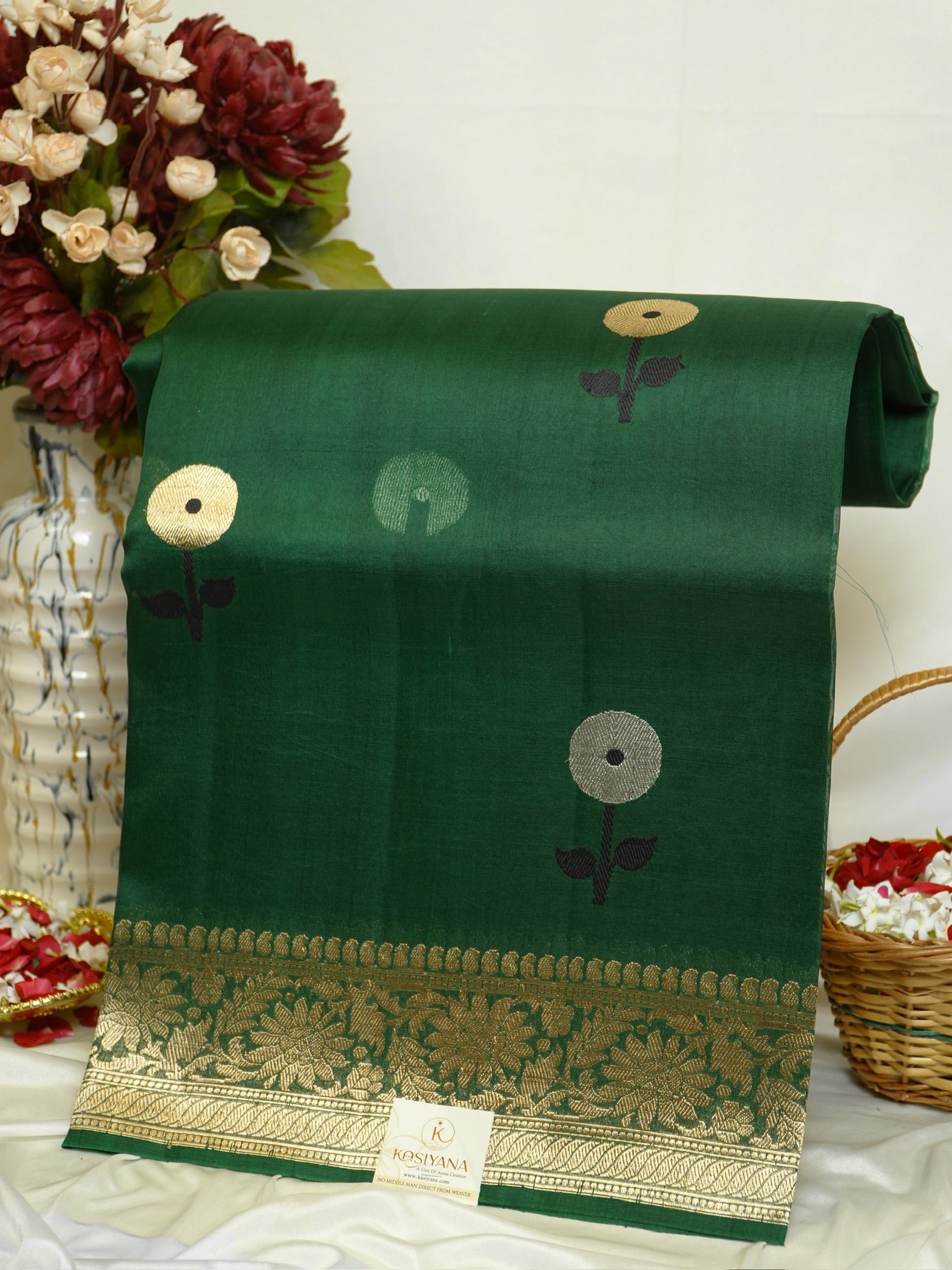 Bottle Green Handwoven Kora Silk Saree