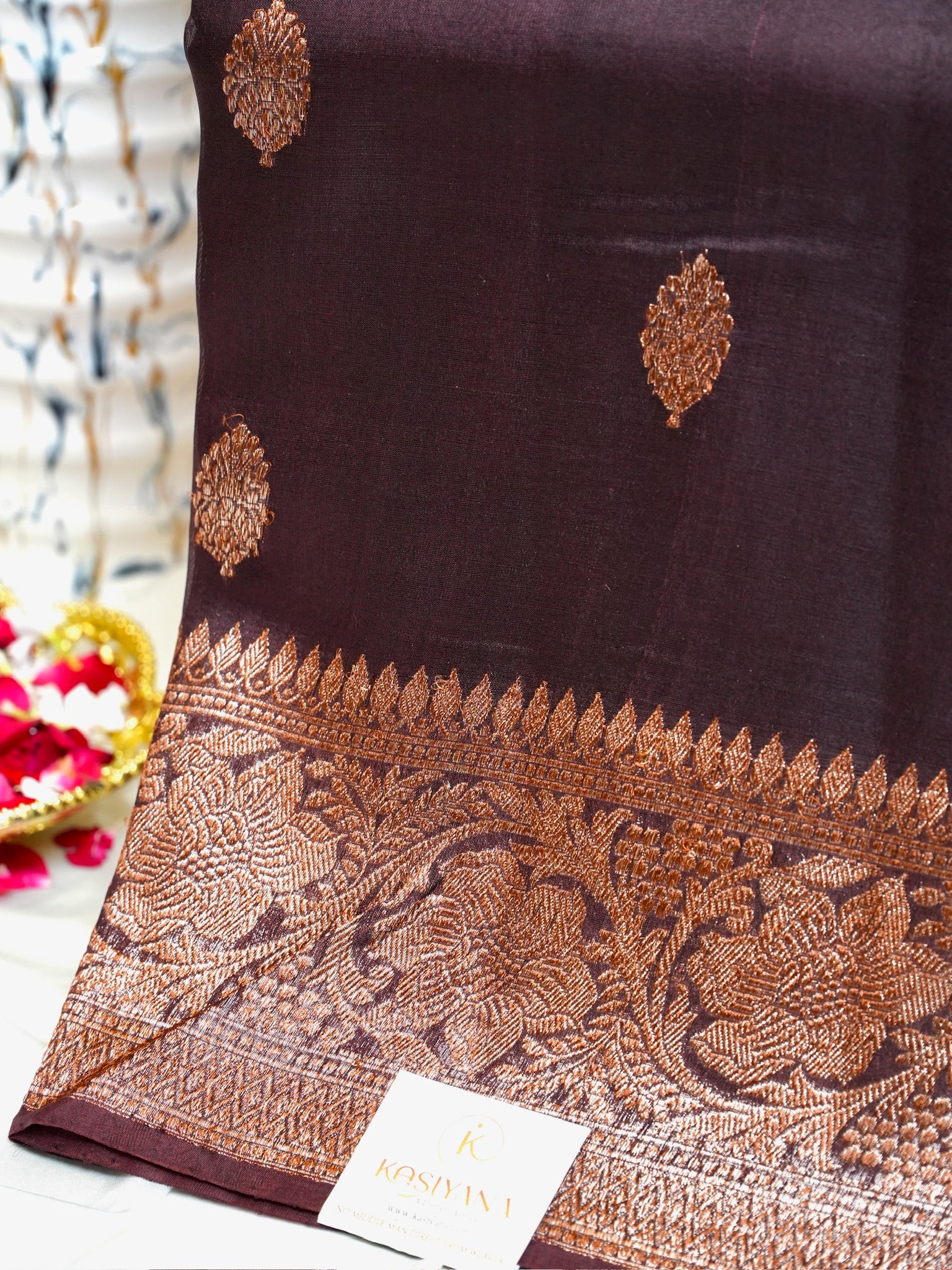 Brown Handwoven Kora Silk Saree