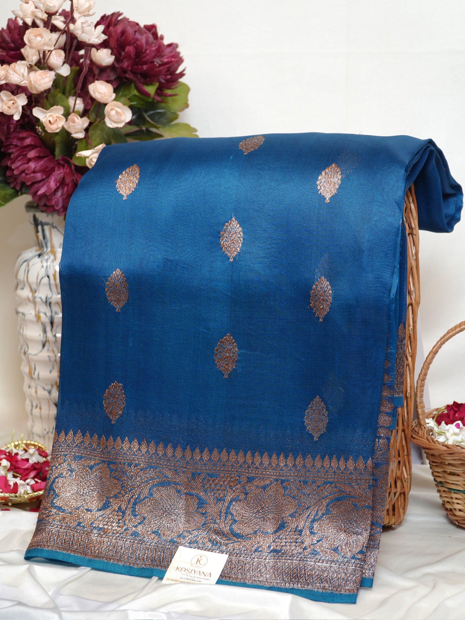 German Blue Handwoven Kora Silk Saree