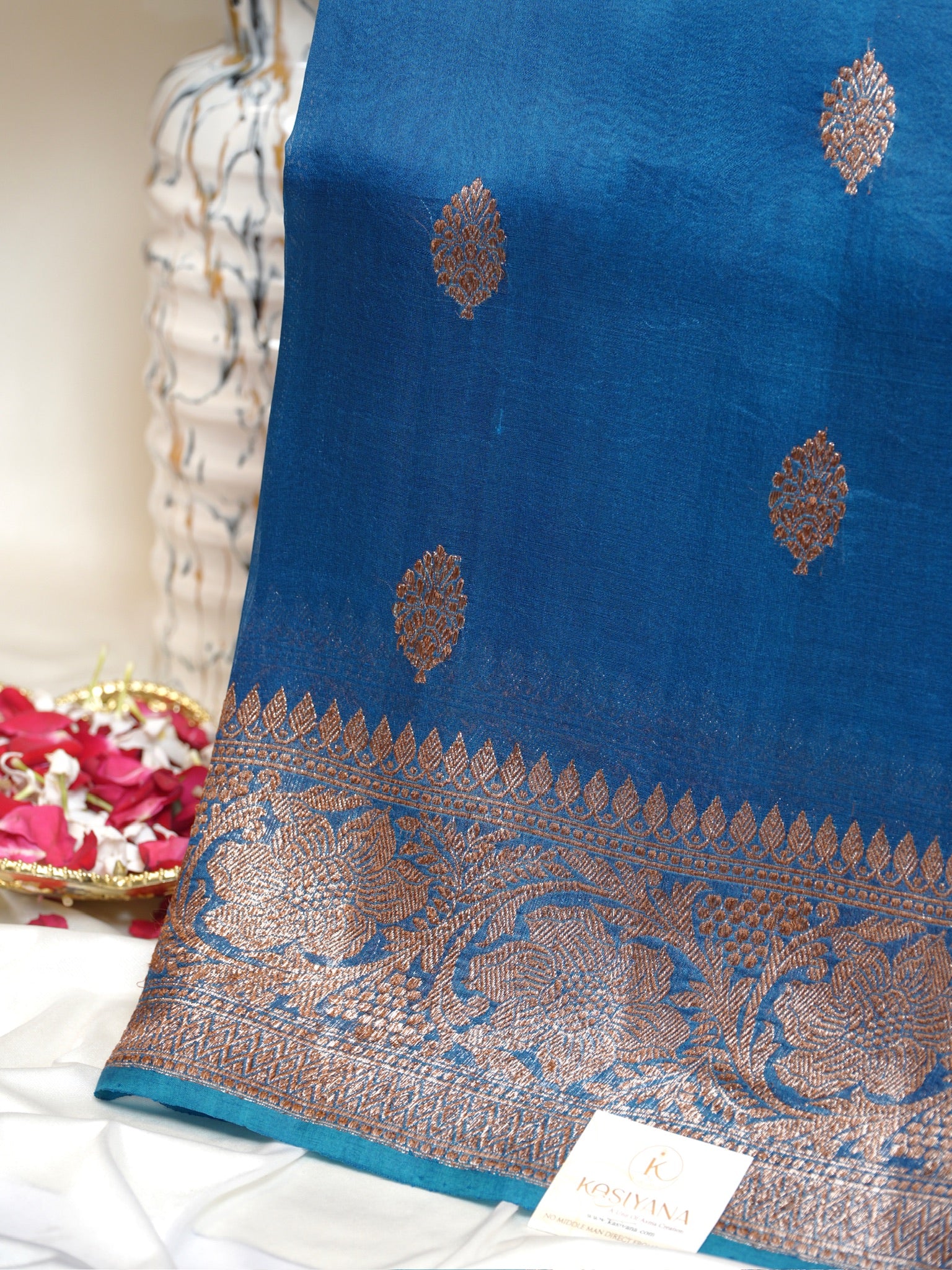 German Blue Handwoven Kora Silk Saree