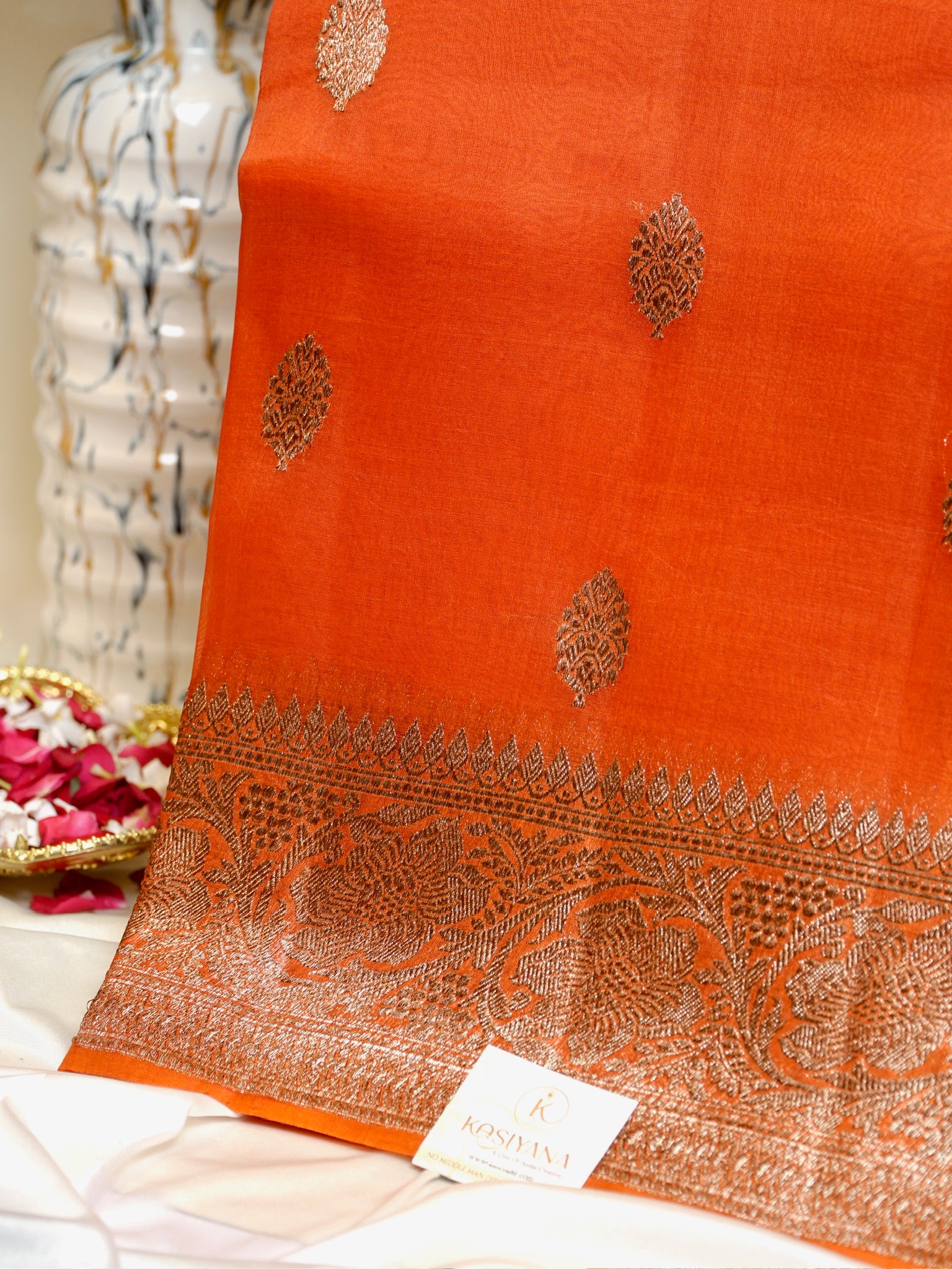 Orange Handwoven Kora Silk Saree