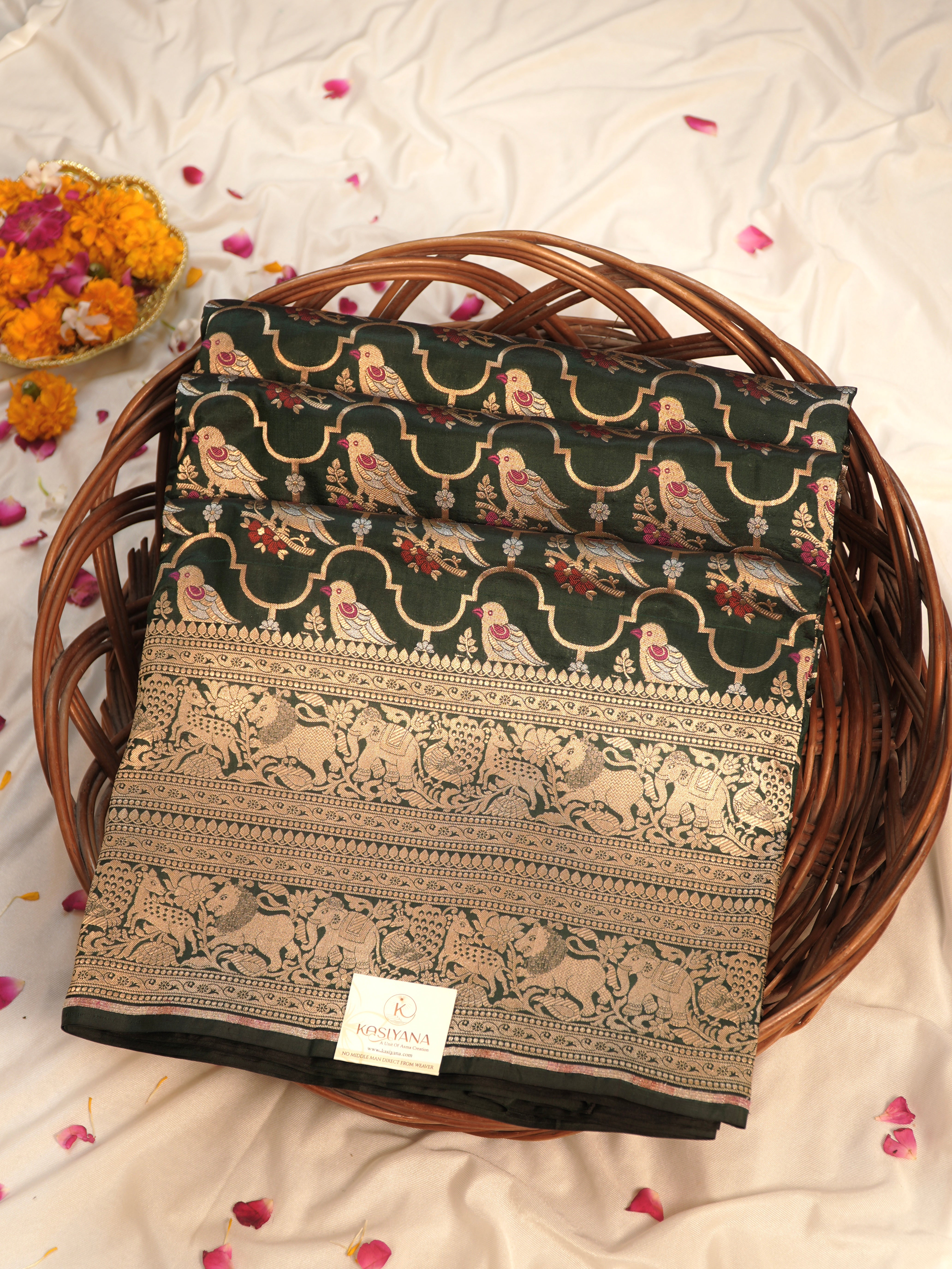 Bottle Green Pure Katan Silk Saree |Minakaari Pattu Style