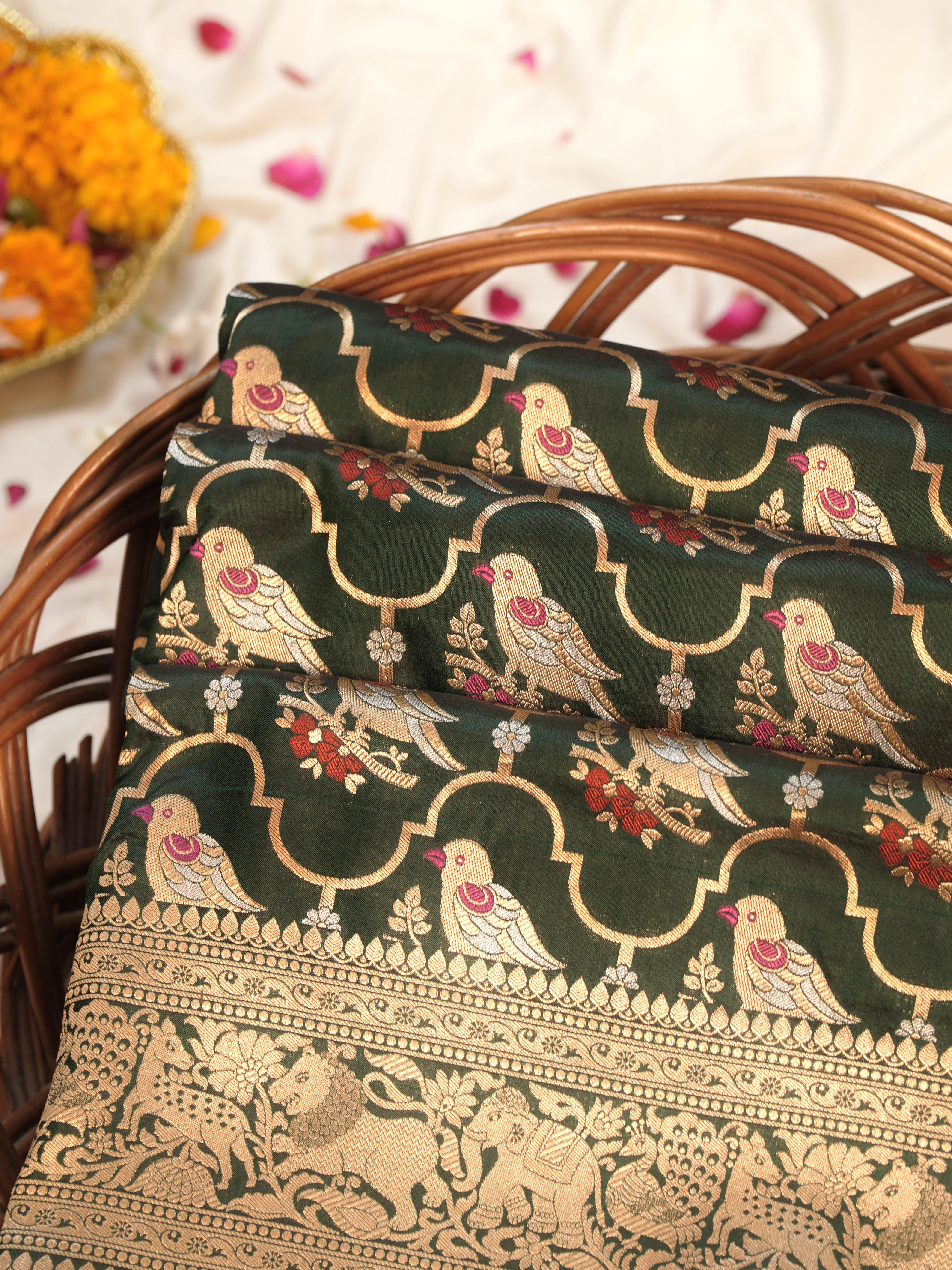 Bottle Green Pure Katan Silk Saree |Minakaari Pattu Style