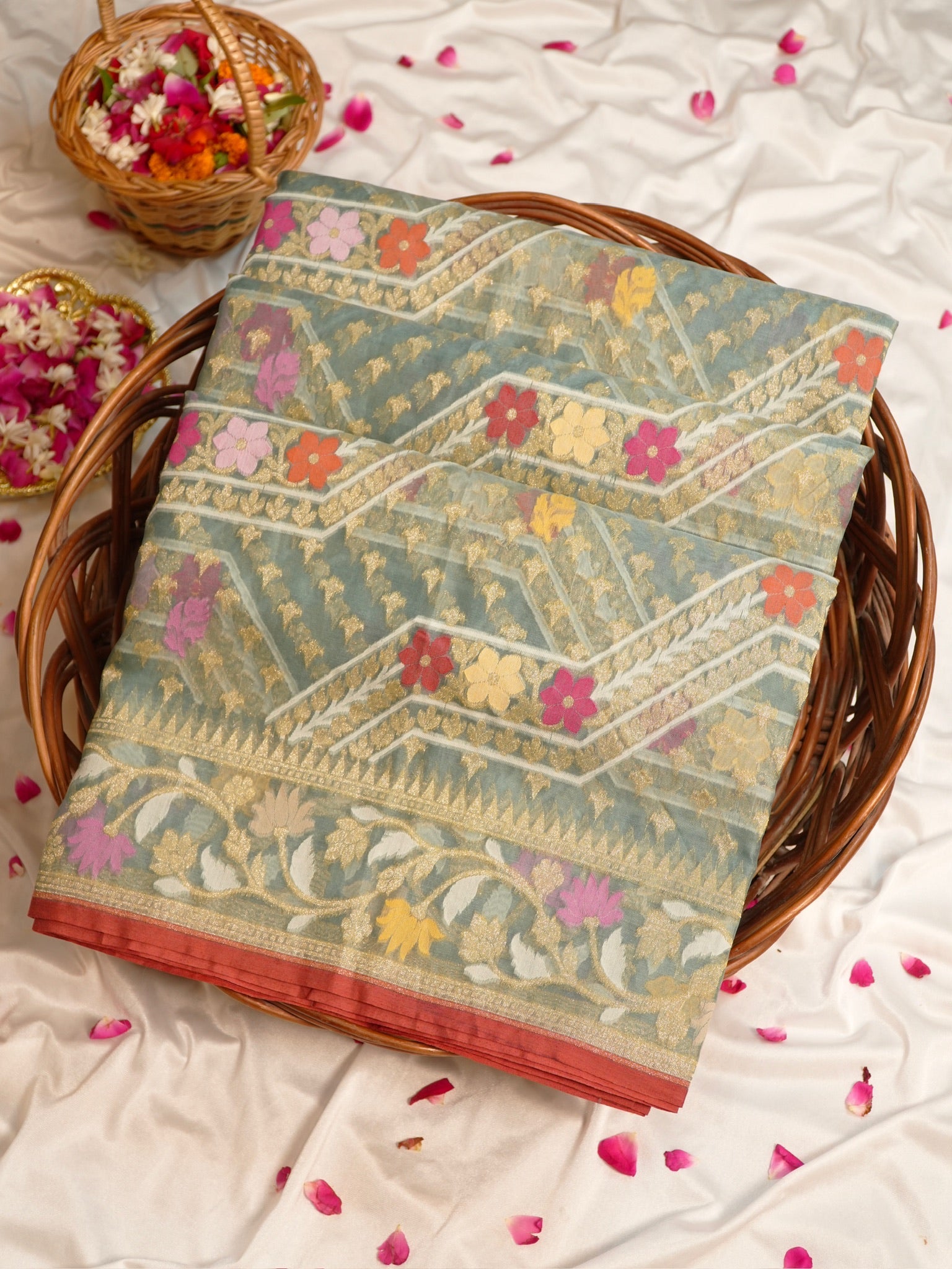 Sage Blue Elegant Kora Jamdani Silk Saree | Handwoven Floral Zari Work