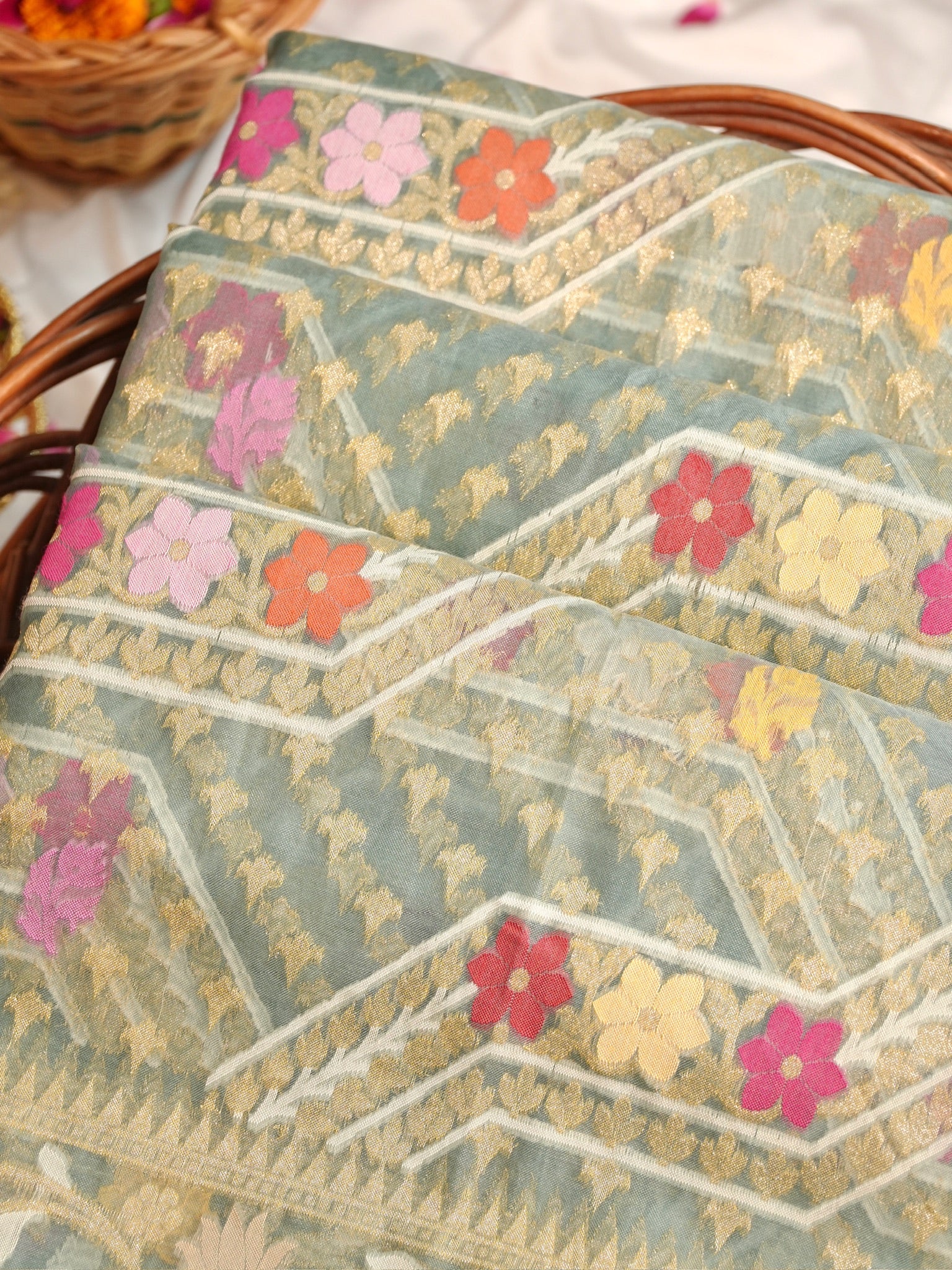 Sage Blue Elegant Kora Jamdani Silk Saree | Handwoven Floral Zari Work