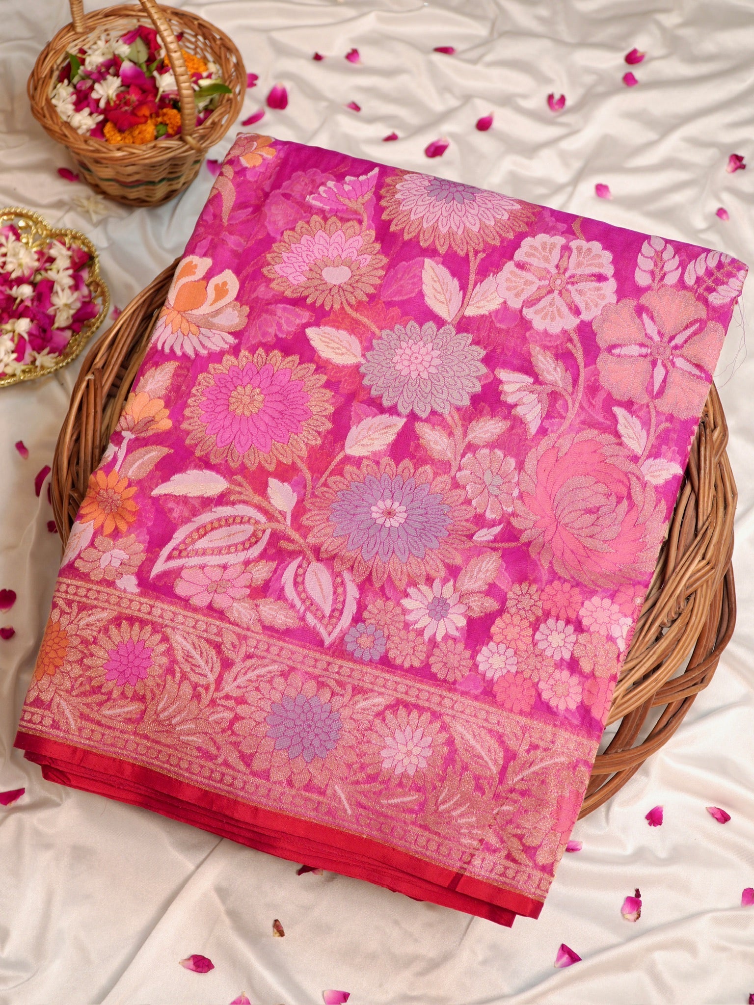 Pink Elegant Kora Jamdani Silk Saree | Handwoven Floral Zari Work