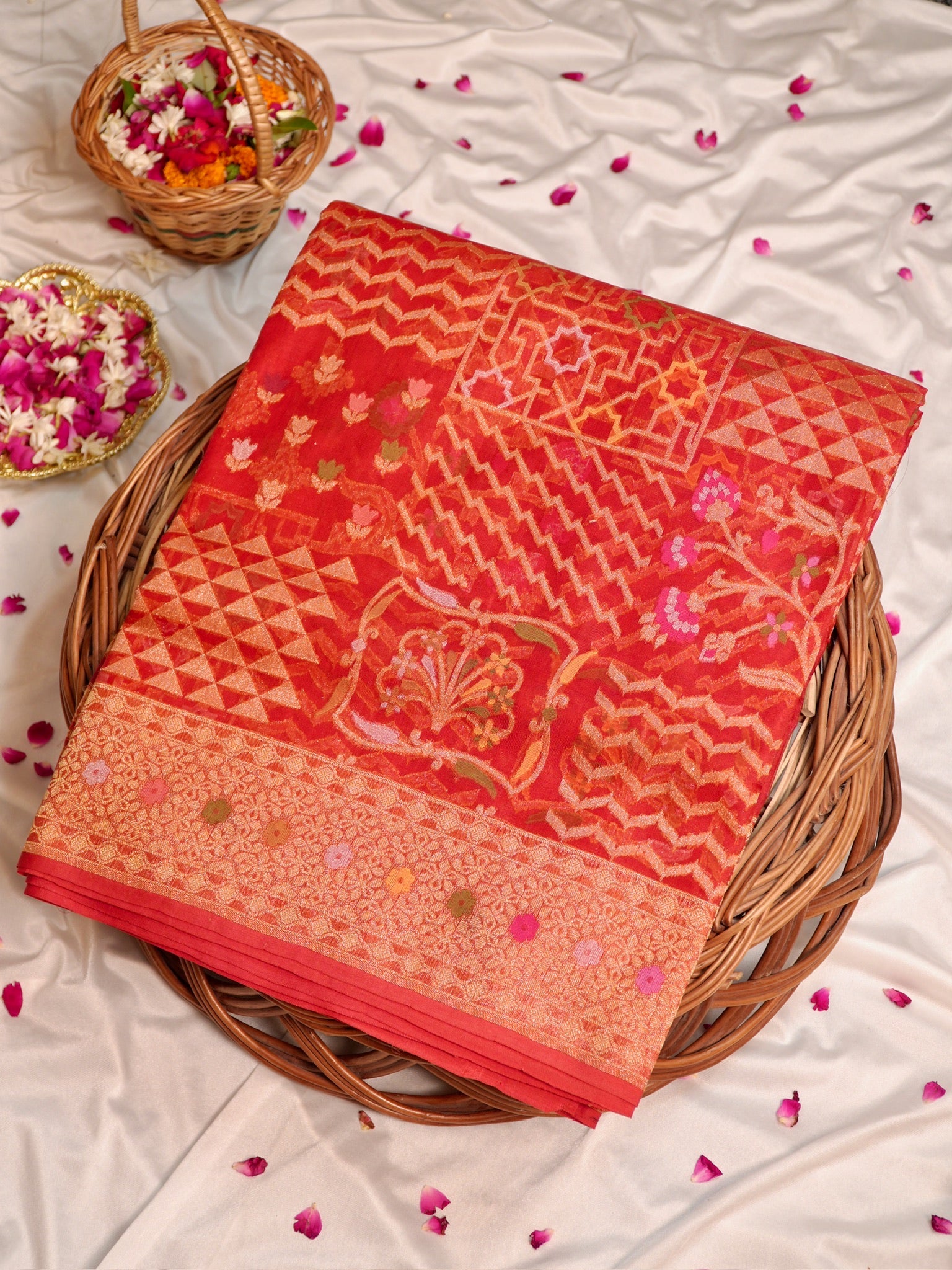 Rust Red Elegant Kora Jamdani Silk Saree | Handwoven Floral Zari Work
