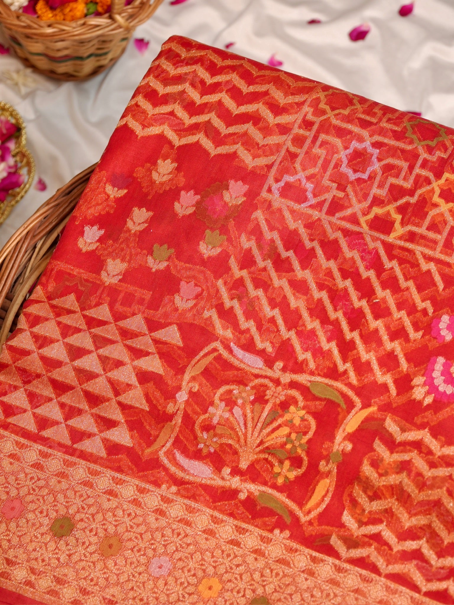 Rust Red Elegant Kora Jamdani Silk Saree | Handwoven Floral Zari Work