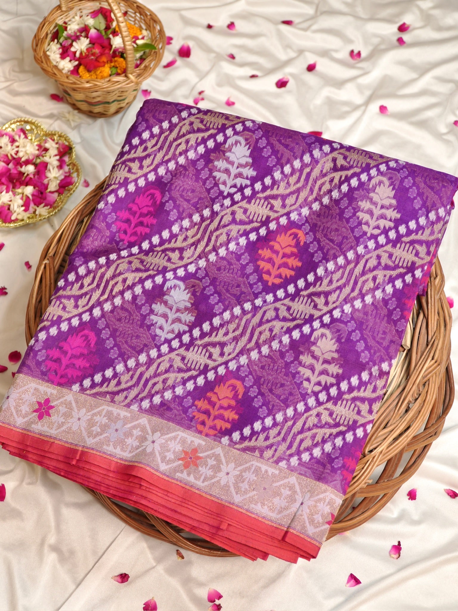 Purple Elegant Kora Jamdani Silk Saree | Handwoven Floral Zari Work