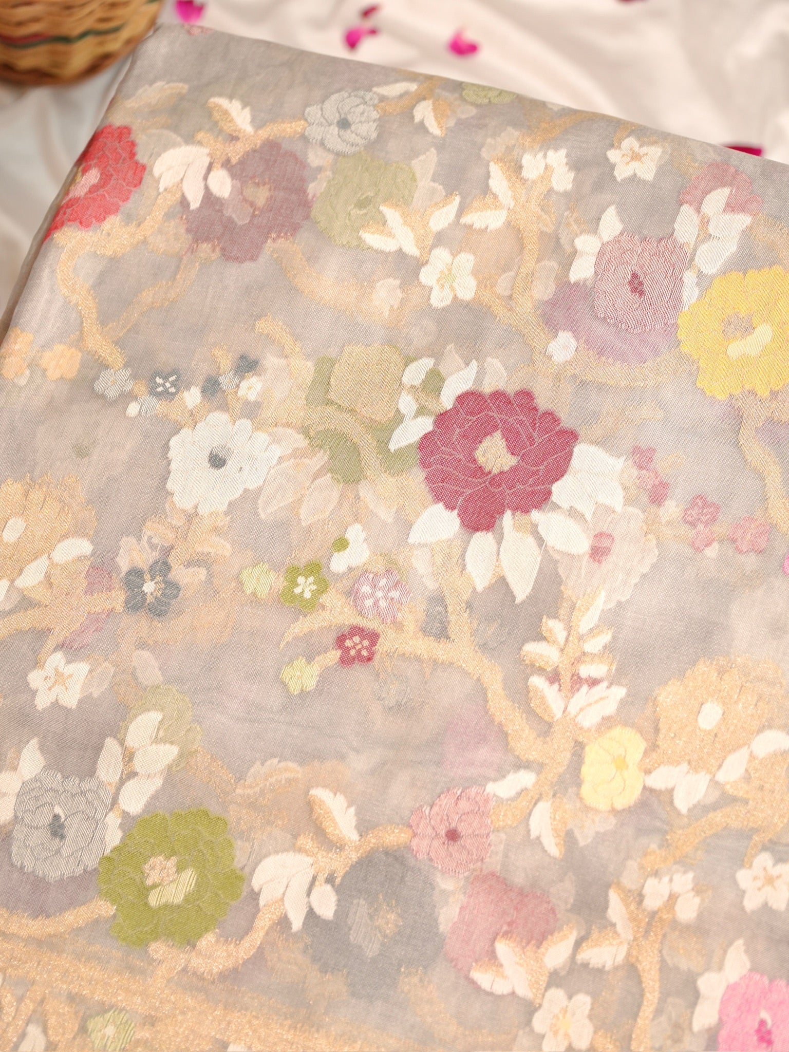 Light Grey Elegant Kora Jamdani Silk Saree | Handwoven Floral Zari Work