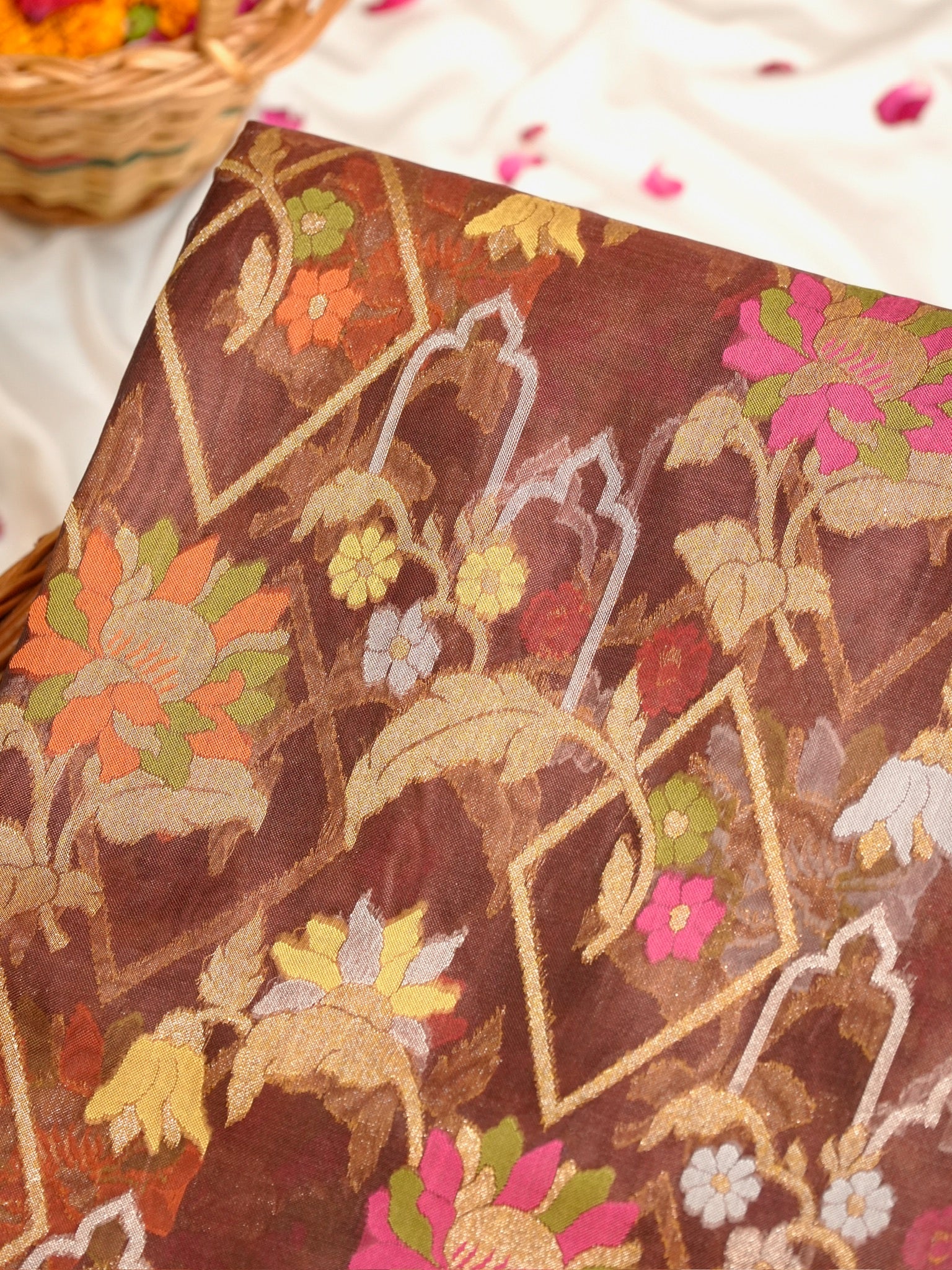 Brown Elegant Kora Jamdani Silk Saree | Handwoven Floral Zari Work
