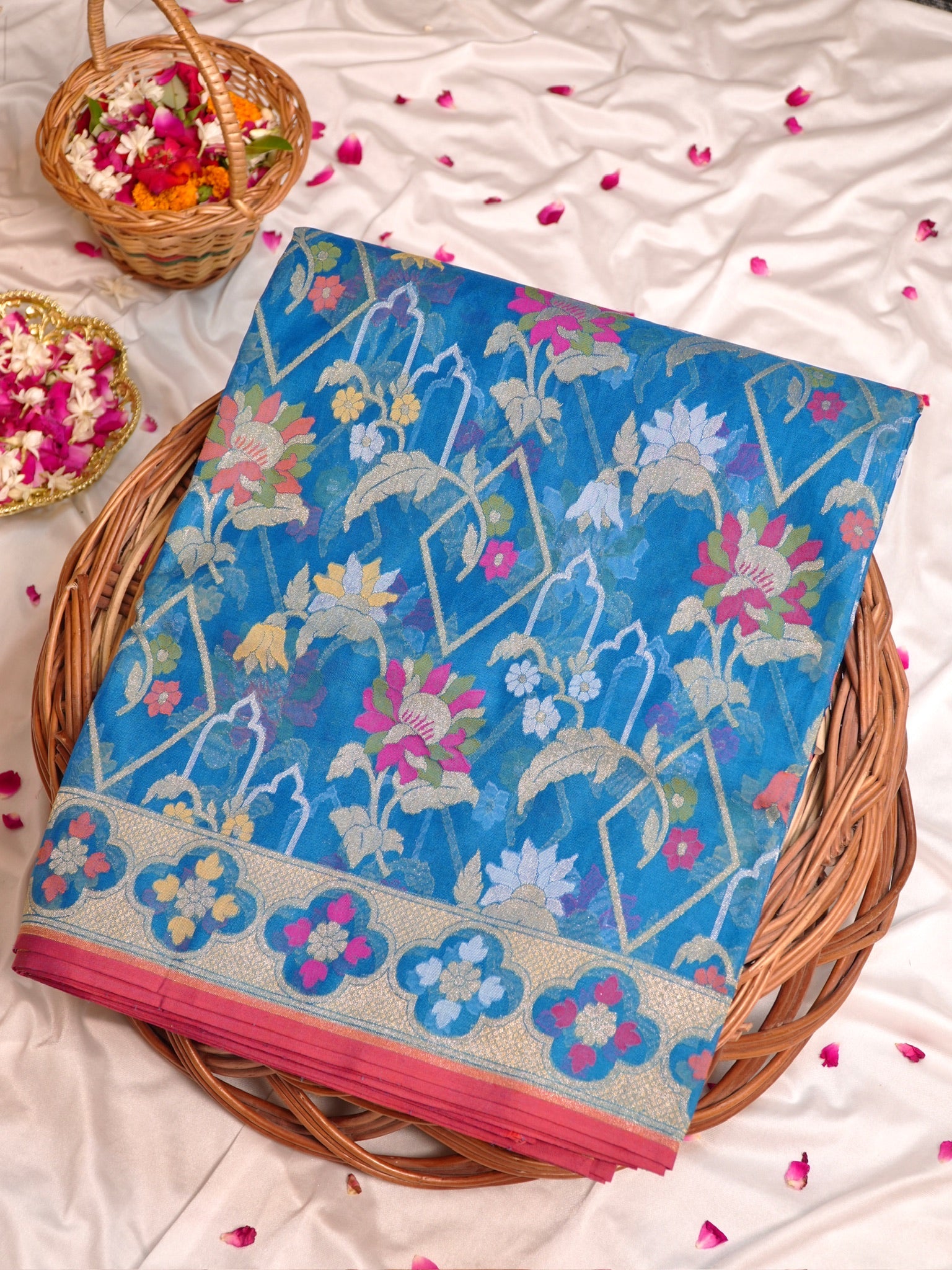 Teal Blue Elegant Kora Jamdani Silk Saree | Handwoven Floral Zari Work