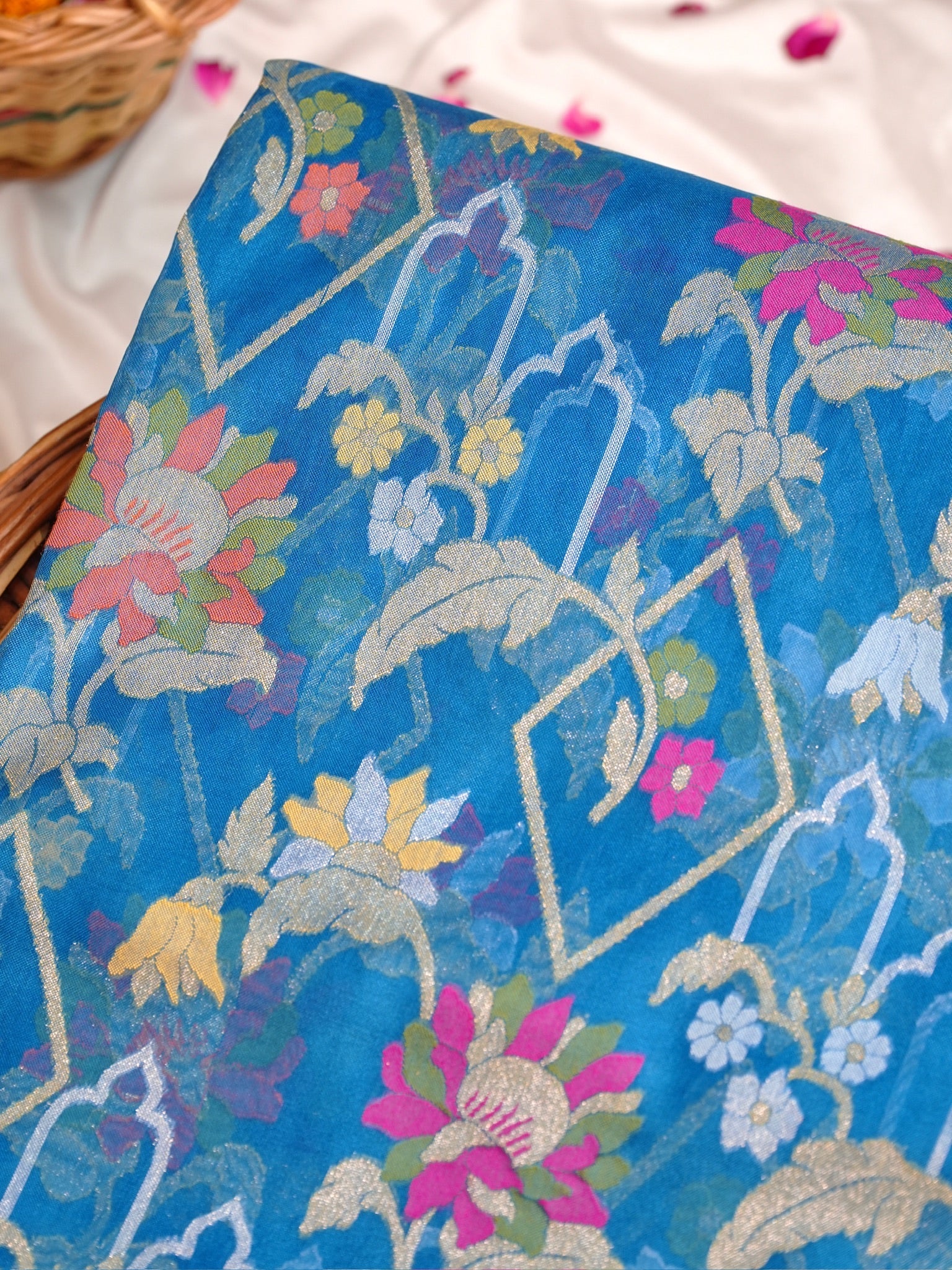 Teal Blue Elegant Kora Jamdani Silk Saree | Handwoven Floral Zari Work