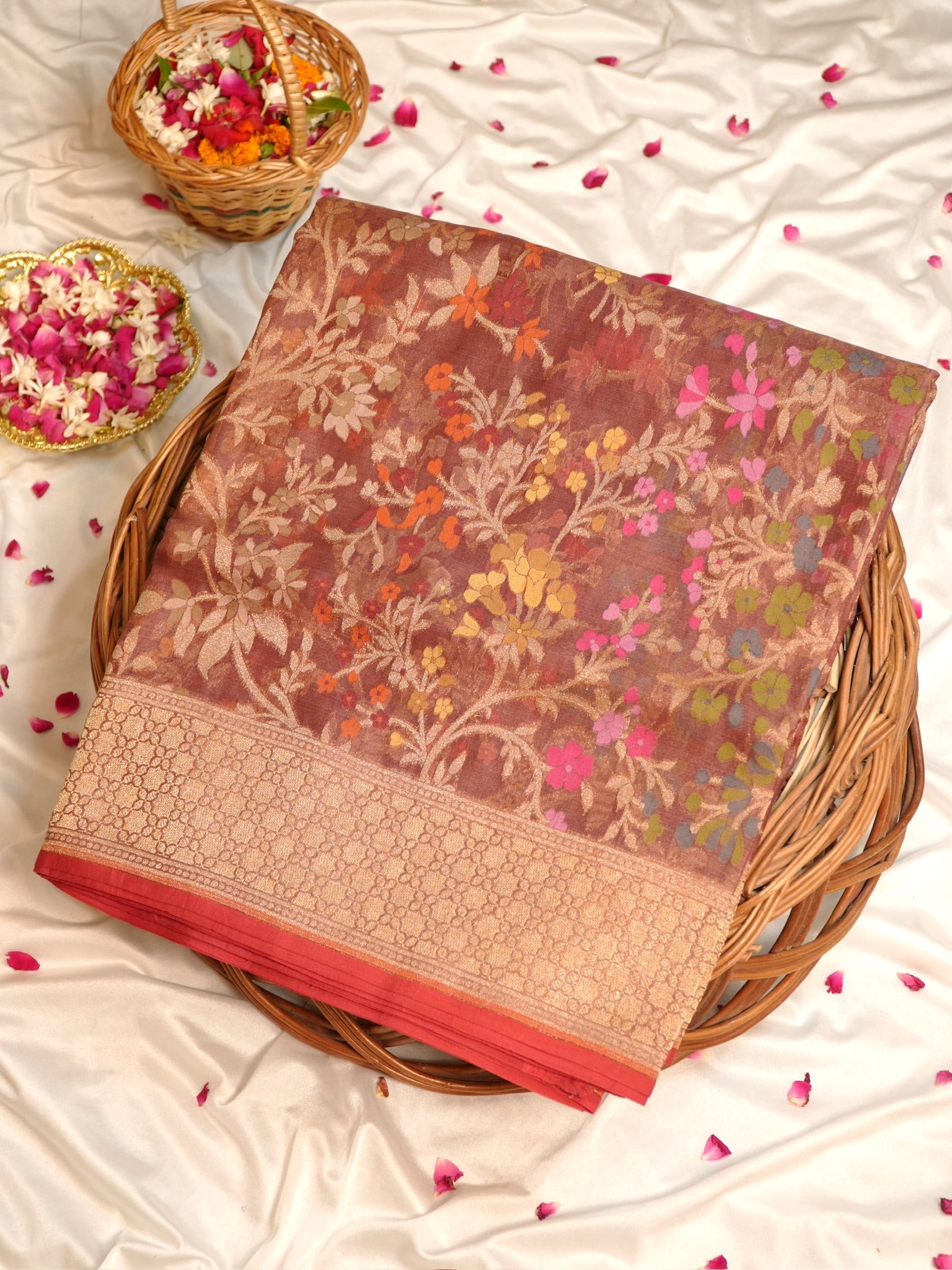 Brown Elegant Kora Jamdani Silk Saree | Handwoven Floral Zari Work